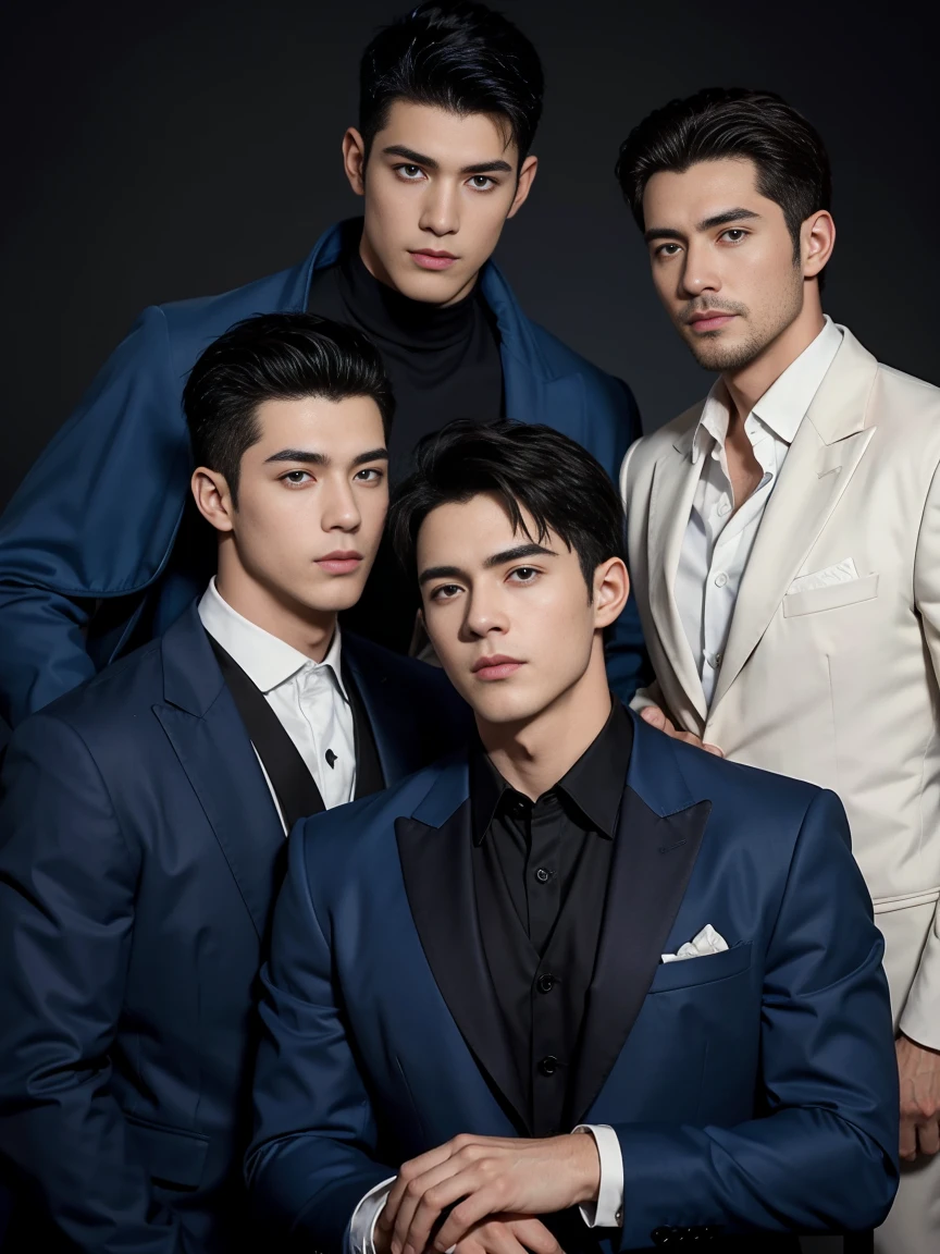 ((masterpiece)),((best quality)),8K,high detail,Very detailed, Very manly,3 men, like,fashion pose, Realistic skin texture, Light,
Royal blue style couple,Perfect hand details