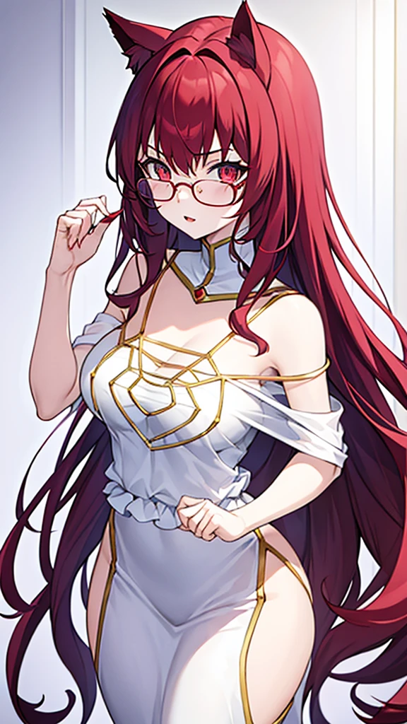 A 20 year old female villain with long dark red hair, red cat eyes, chest with red cat ears, round glasses, black dresses,