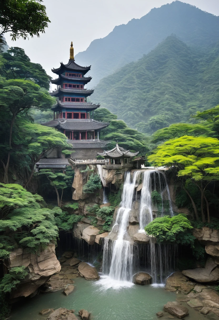 2. Mountain View，There are waterfalls and pagodas in the middle, Han Gan&#39;s paintings, CG Club Contest Champion, Fantasy Art, Dreamy Chinatown, Chinese scenery, Chinese Fantasy, Composed of trees and fantasy valley, Ancient city landscape, Order an impressive fantasy landscape, The most magnificent scenery, Pagoda on the mountain, Mountain jungle environment, Avatar Landscape, China Village.