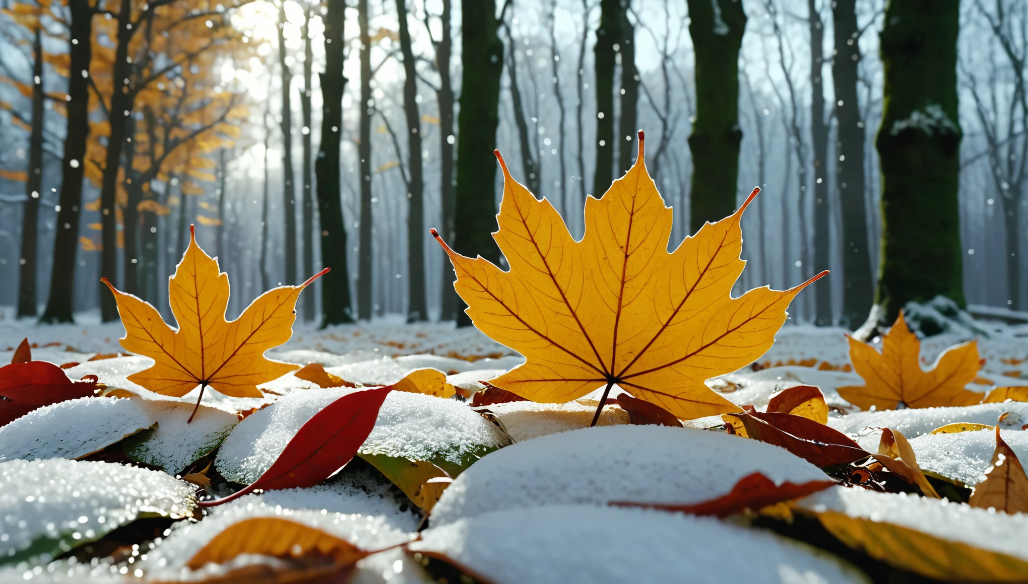 winter leaves, magical round leaves leaves falling, snow is falling thinly,nature documentry footage, youtube video screenshot, today's featured photography 4k, autumn rain turkel, nature photography 4k, november, cinematic widescreen shot, leaves and magic, high quality screenshot, 2 0 2 1 cinematic 4 k framegrab, wide screenshot