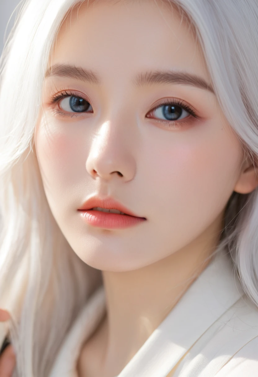 White hair, Moles under the eyes, Scleral mismatch, Heterochromia, blush, Shy, lol, bell, Ray Tracing, Divine Light, Backlight, Glowing lights, Anime style