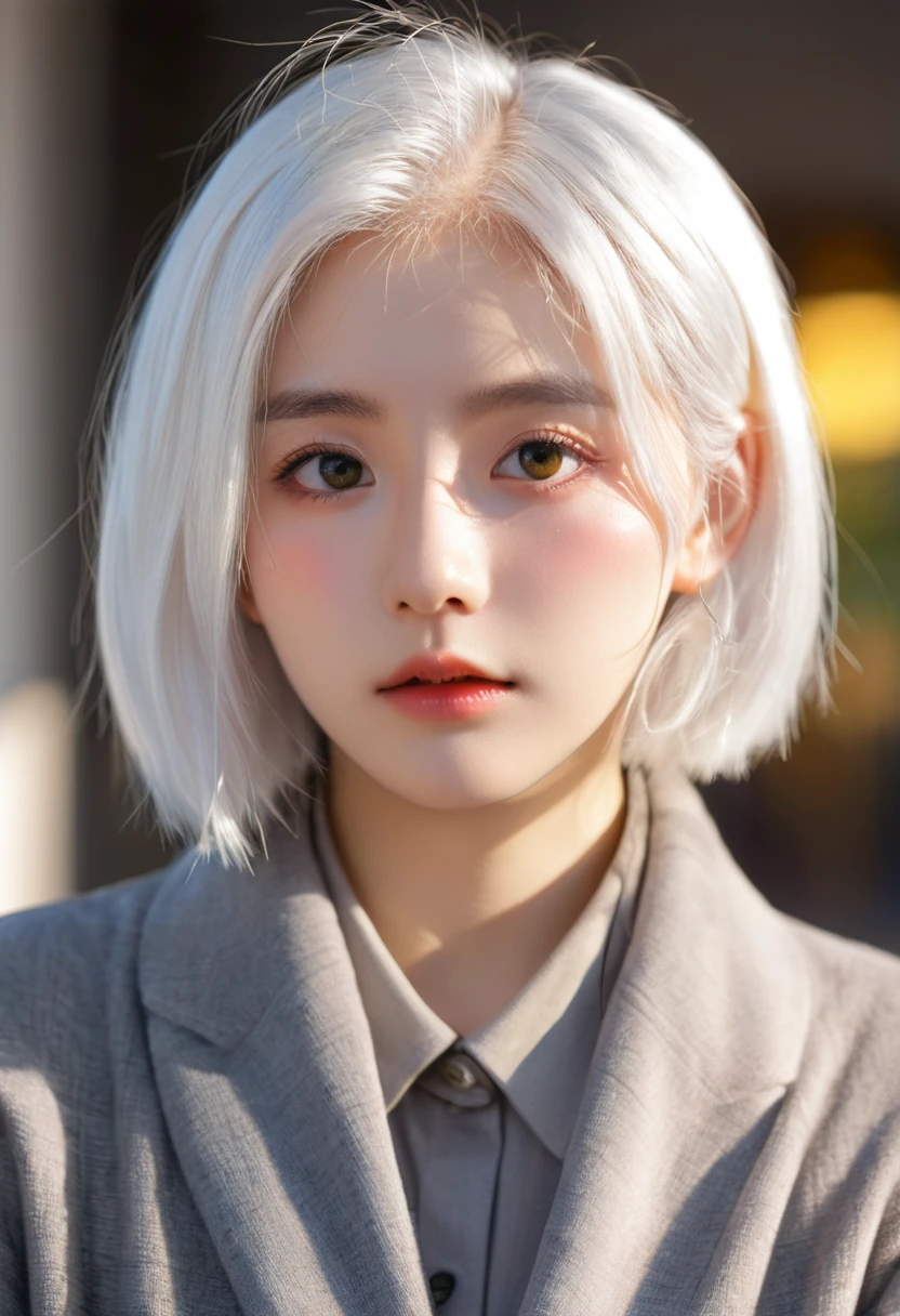 White hair, Moles under the eyes, Scleral mismatch, Heterochromia, blush, Shy, lol, bell, Ray Tracing, Divine Light, Backlight, Glowing lights, Anime style