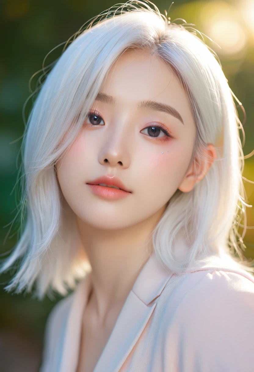 White hair, Moles under the eyes, Scleral mismatch, Heterochromia, blush, Shy, lol, bell, Ray Tracing, Divine Light, Backlight, Glowing lights, Anime style