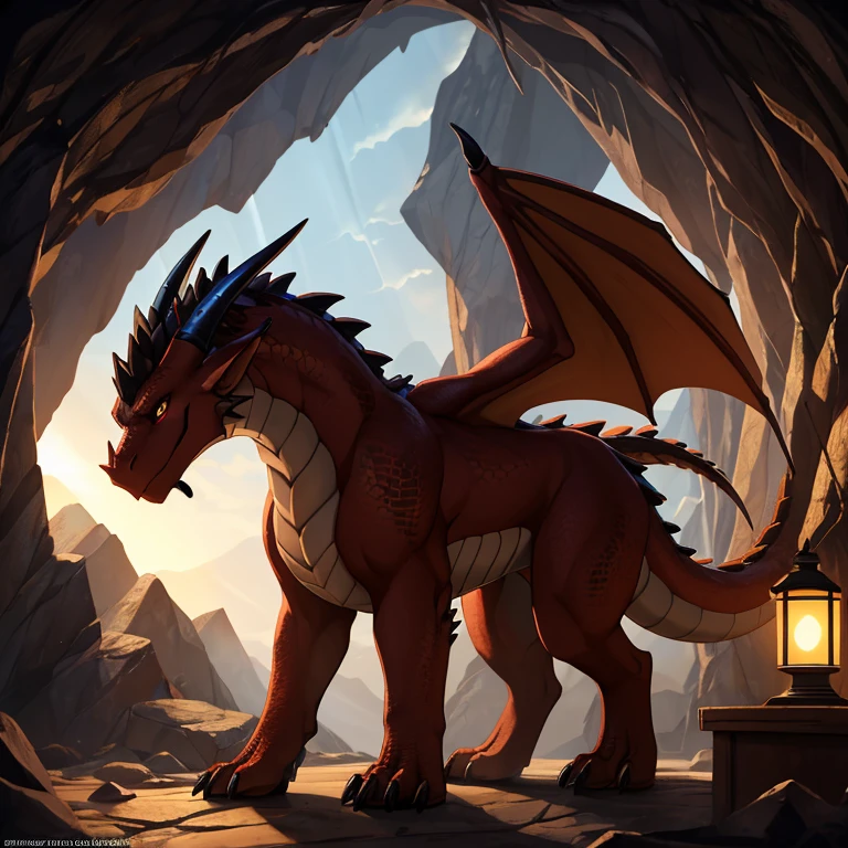 Female, large, fierce dragon, wearing golden jewelry, bathing in lava, washing herself, waist deep, dark cavern, underground, lit from below, maroon scales shimmering in dark, intimidating, muscular