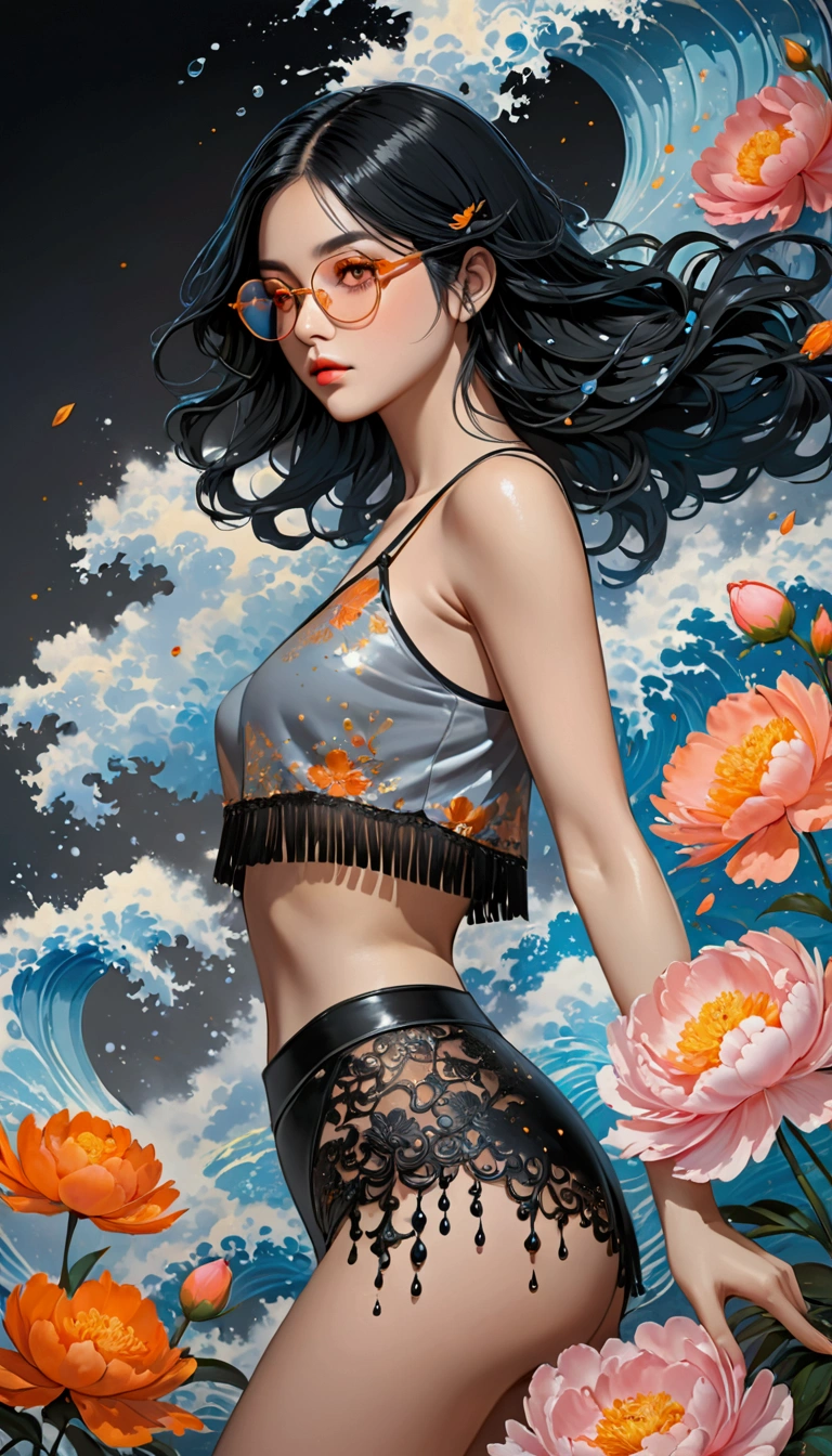Ink Art, Paint splatter style, Liquid glow made of colors, (Grey cropped top, Black lingerie, Short clothes), (Black long hair), (20 years), (1 girl), with fringes，Fashion glasses，Gradient background, Pastel color palette, pink blue, silver, Red, orange, light, Gray Gold, Peony, Filigree, Colored water droplets, wave, Extremely detailed and complex, Unreal Engine, fantastic, Intricate details, Startup Screen, Complementary colors, fantasy, Concept Art, 8k resolution, masterpiece, painting, Heavy Attack, fantasy art, Concept Art, Intricate PoSe, 
