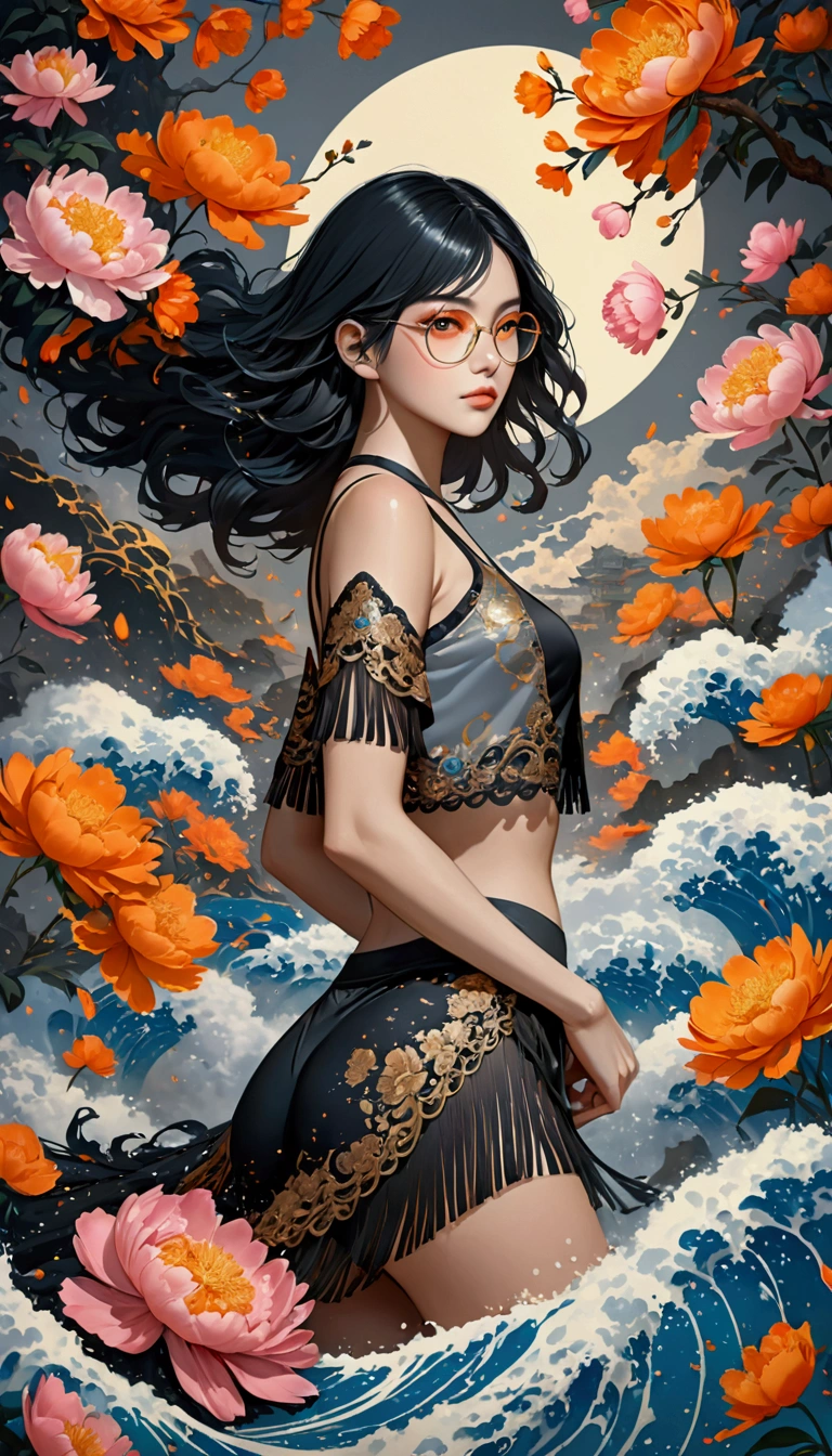 Ink Art, Paint splatter style, Liquid glow made of colors, (Grey cropped top, Black lingerie, Short clothes), (Black long hair), (20 years), (1 girl), with fringes，Fashion glasses，Gradient background, Pastel color palette, pink blue, silver, Red, orange, light, Gray Gold, Peony, Filigree, Colored water droplets, wave, Extremely detailed and complex, Unreal Engine, fantastic, Intricate details, Startup Screen, Complementary colors, fantasy, Concept Art, 8k resolution, masterpiece, painting, Heavy Attack, fantasy art, Concept Art, Intricate PoSe, 
