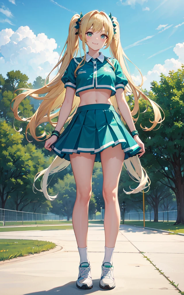 (masterpiece, top quality, best quality, official art, beautiful and aesthetic:1.2), (8k, best quality, masterpiece:1.2), (((masterpiece))), (((best quality))), (((extremely detailed))), illustration, who, (masterpiece, top quality, best quality, official art, beautiful and aesthetic:1.2), (8k, best quality, masterpiece:1.2), 1girl, cheerleader, Pom-poms, (((blonde hair))), twin tails, long hair, medium breasts, turquoise eyes, full body, wide hips, smile, skirt, green and white cheerleader uniform, football field, 