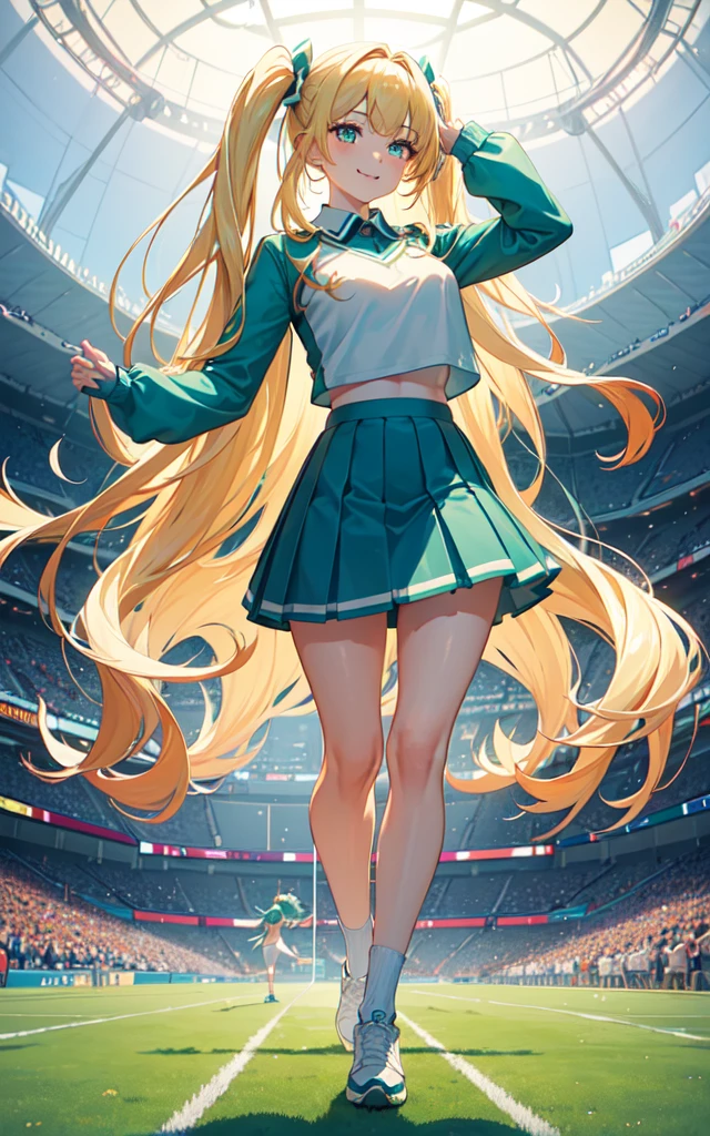 (masterpiece, top quality, best quality, official art, beautiful and aesthetic:1.2), (8k, best quality, masterpiece:1.2), (((masterpiece))), (((best quality))), (((extremely detailed))), illustration, who, (masterpiece, top quality, best quality, official art, beautiful and aesthetic:1.2), (8k, best quality, masterpiece:1.2), 1girl, cheerleader, Pom-poms, (((blonde hair))), twin tails, long hair, medium breasts, turquoise eyes, full body, wide hips, smile, skirt, green and white cheerleader uniform, football field, 