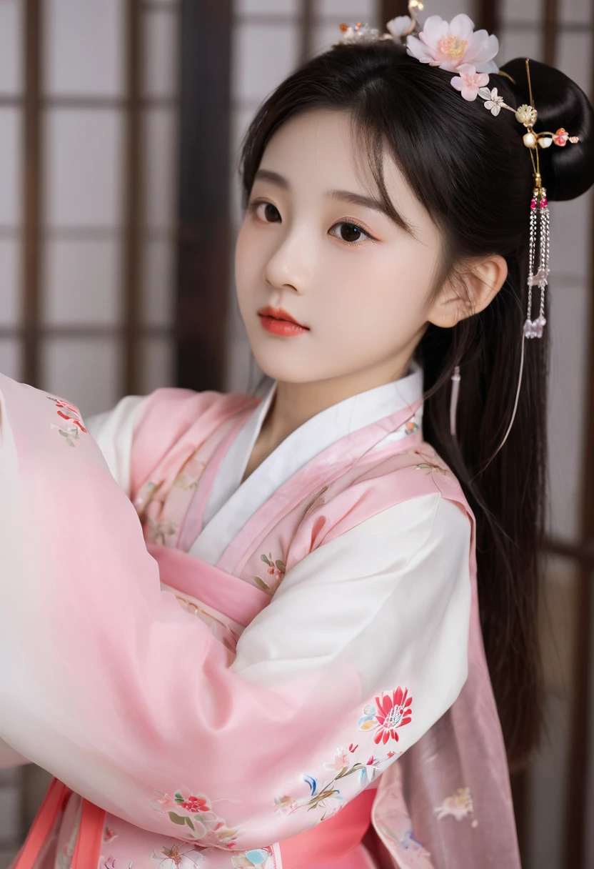 There is a cartoon little girl wearing a skirt, Chinese dress, Hanbok apron, Chinese Clothing, Chinese traditional clothing, Close-up - View, Hanbok, wearing ancient Chinese Clothing, with ancient Chinese Clothing, palace, Girl wearing Hanfu, White Hanfu, cheongsam, Wearing pink flower chiton, Shadow Room, Light Edge, Two-color lighting, (High Detail Skin: 1.2), 8K uhd, Digital SLR Camera, Soft Light, high quality, Volumetric Lighting, Sneak Peek, photo, high resolution, 4K, 8K, blur background  
