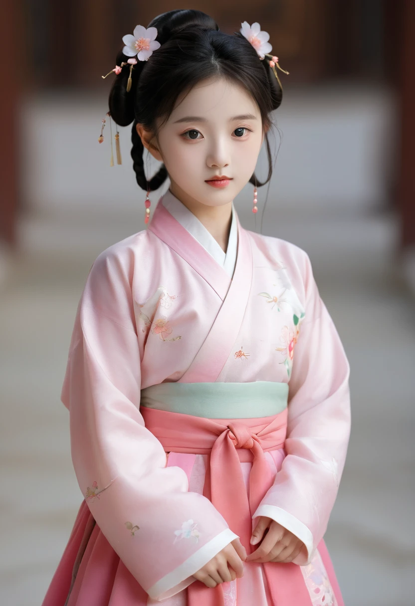 There is a cartoon little girl wearing a skirt, Chinese dress, Hanbok apron, Chinese Clothing, Chinese traditional clothing, Close-up - View, Hanbok, wearing ancient Chinese Clothing, with ancient Chinese Clothing, palace, Girl wearing Hanfu, White Hanfu, cheongsam, Wearing pink flower chiton, Shadow Room, Light Edge, Two-color lighting, (High Detail Skin: 1.2), 8K uhd, Digital SLR Camera, Soft Light, high quality, Volumetric Lighting, Sneak Peek, photo, high resolution, 4K, 8K, blur background  