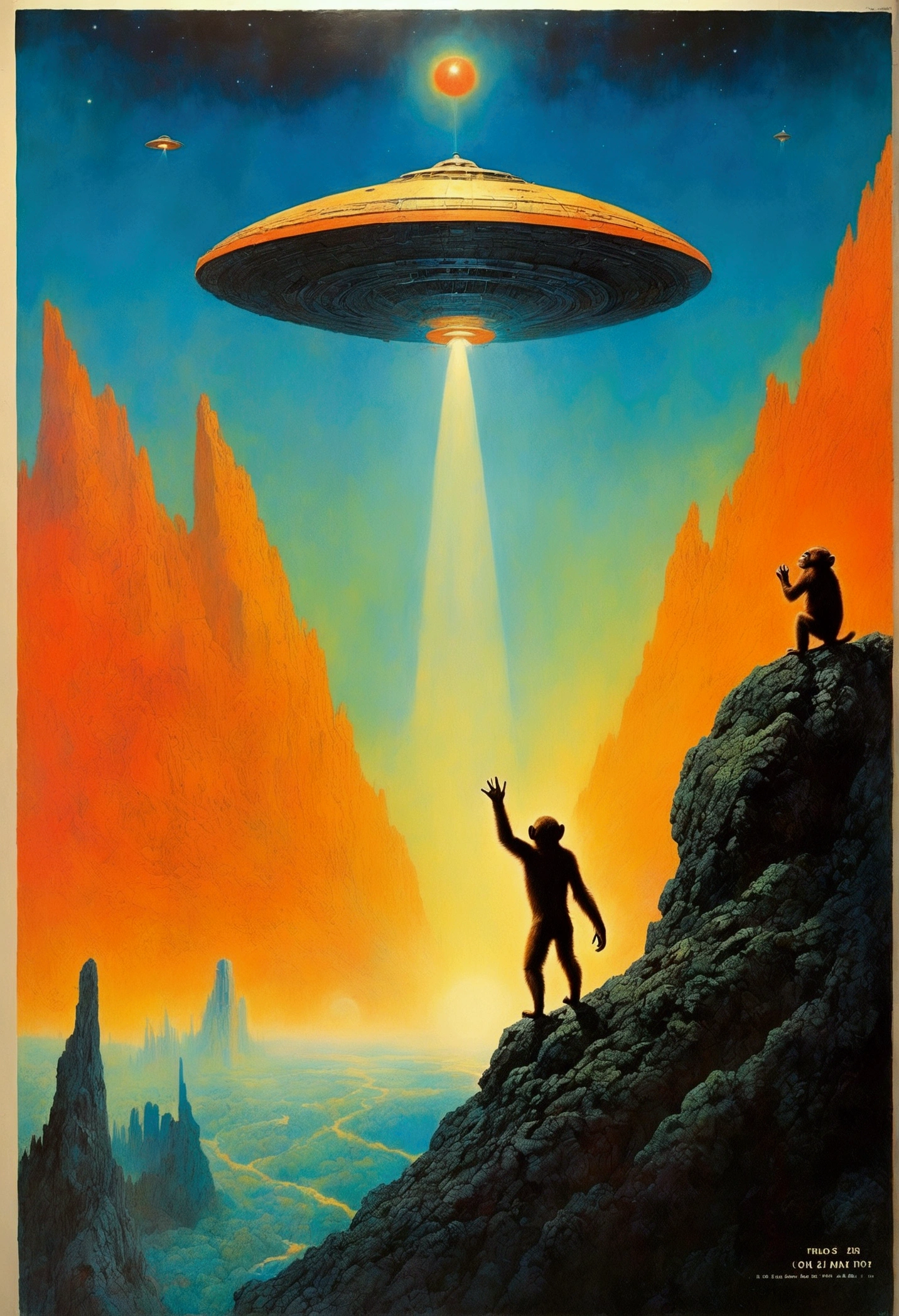 A monkey waving at a UFO from behind,Old Sci-Fi Posters, author:Zsław Beksinski and Jean.Gillot