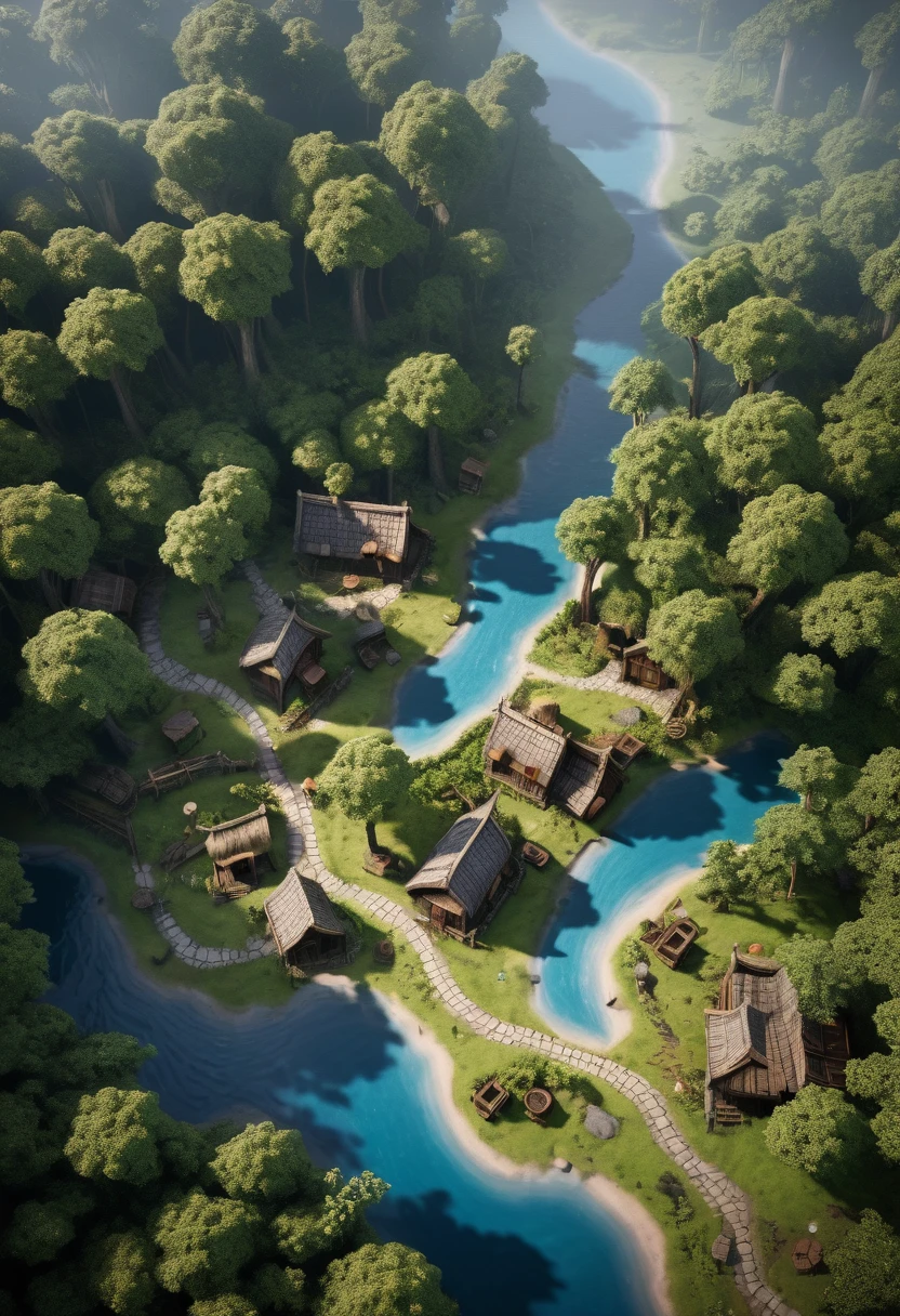 Table top role-playing game map, A village surrounded by a dense and mysterious forest, high quality, Incredible detail and engaging atmosphere. Add dramatic lighting elements and shadows to increase the immersion of the scene. This path leads to a village