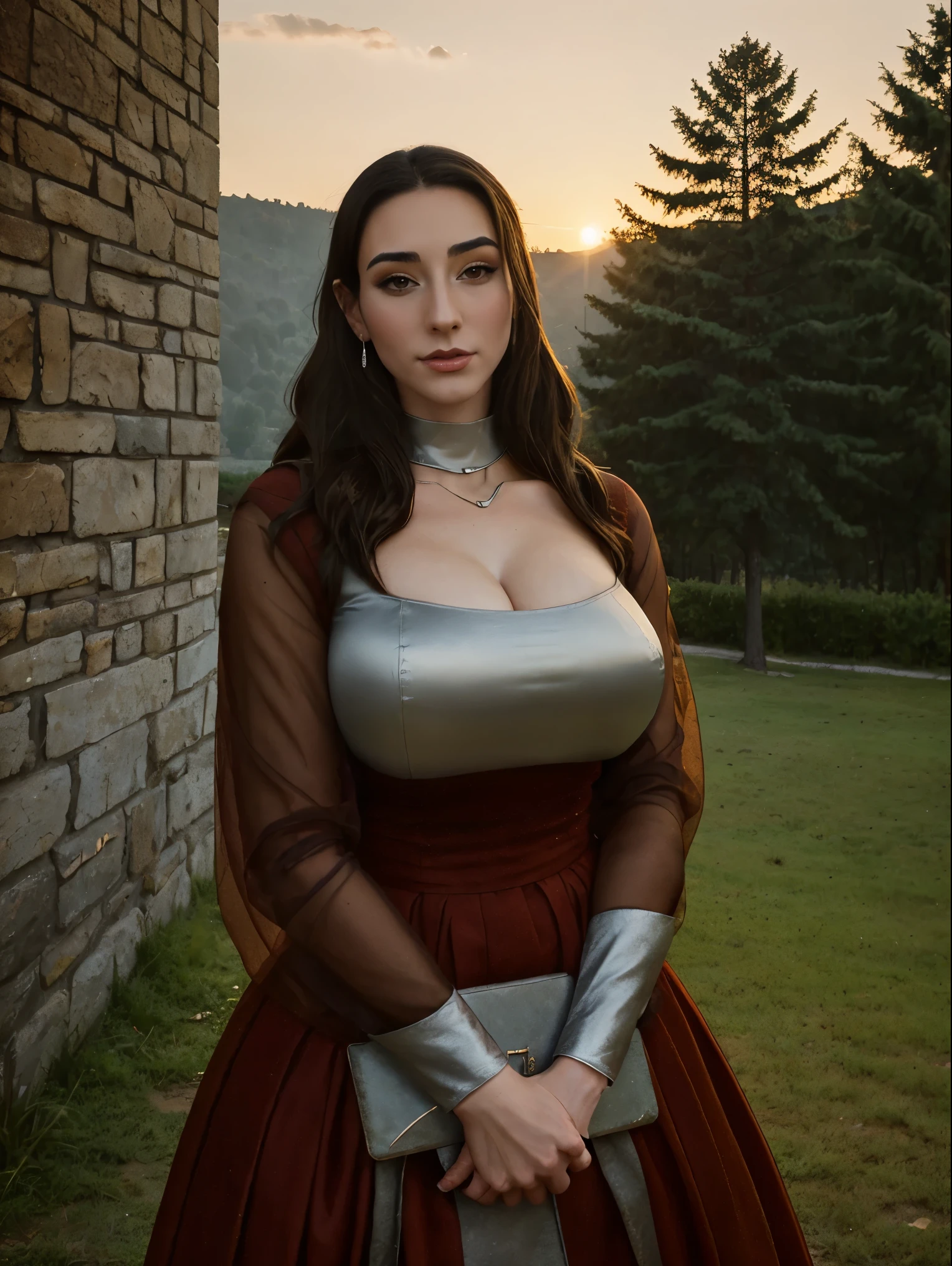 Beautiful and regal, imperious and aloof, busty athletic (thin) brunette queen with sharp facial features wearing a modest updo, dark red medieval dress, long sleeves, wide neck, crown, veil, long dress, tight bodice, silver (waist chain), medieval jewelry, Middle Ages, castle, rampart, wall, exterior, on top of a castle wall, trees, countryside, evening, sunset.