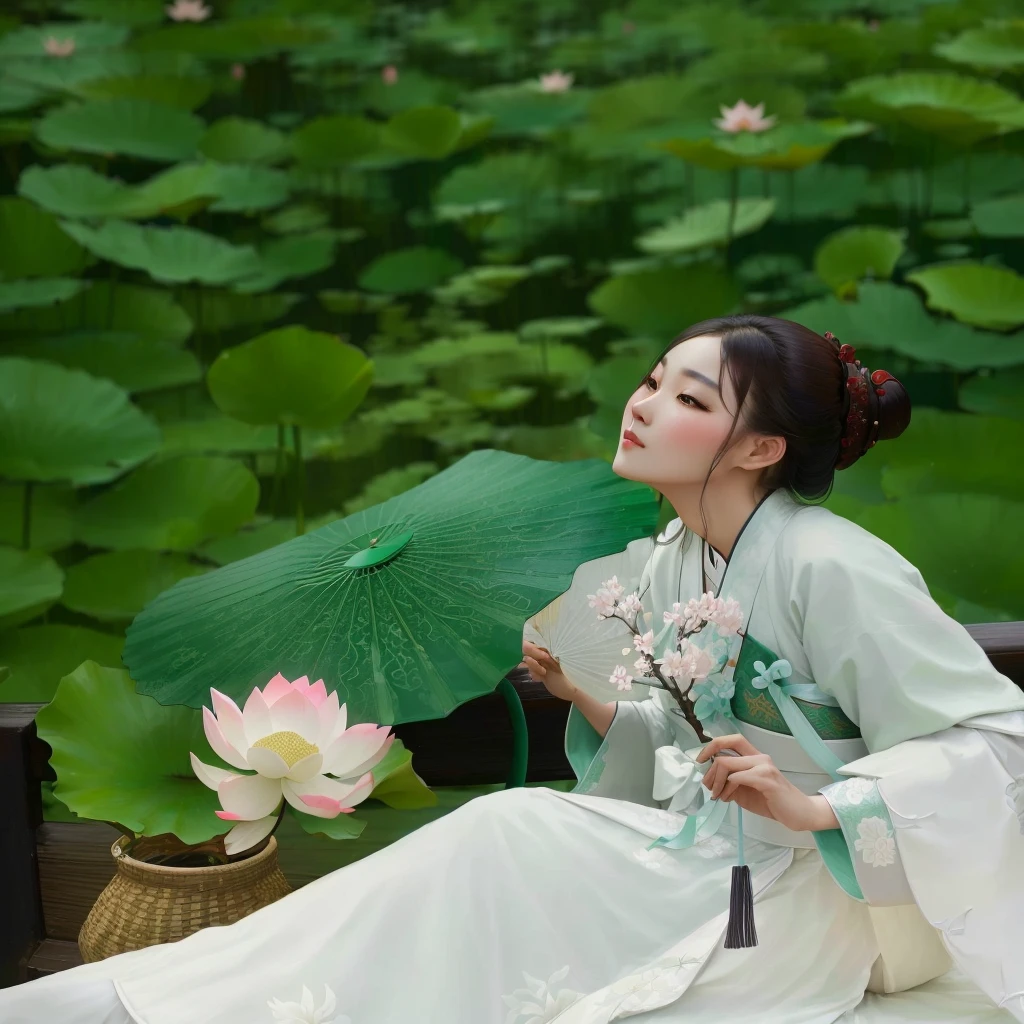 Woman in traditional dress sitting on a bench，Holding fan and lotus, Hanfu, palace ， Girl wearing Hanfu, White Hanfu, Dressed in ancient Chinese costumes, Wearing Chinese clothes, Traditional Chinese clothing, style of guo hua, Inspired by Huang Ji, Chinese, Inspired by Ma Yuanyu, 