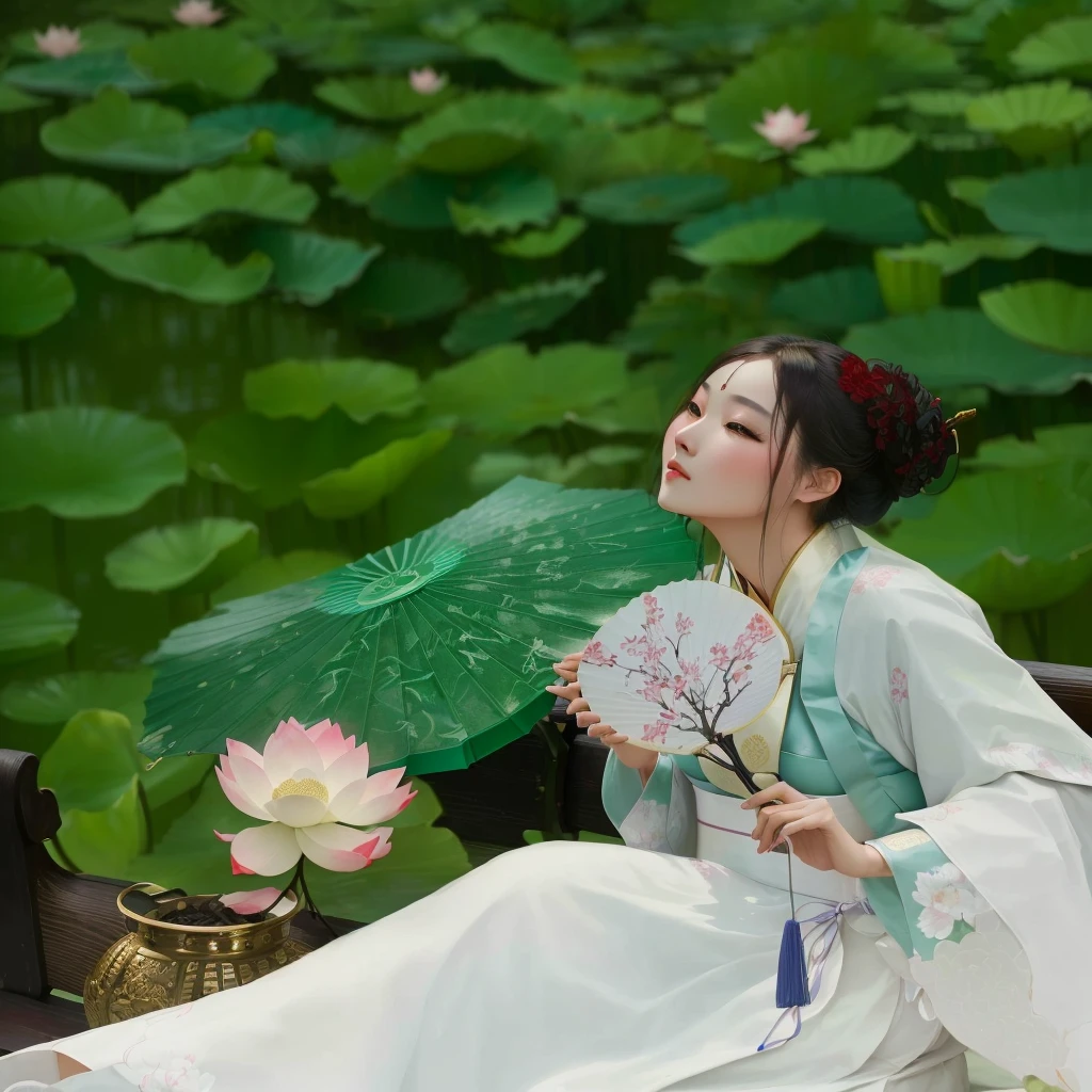 Woman in traditional dress sitting on a bench，Holding fan and lotus, Hanfu, palace ， Girl wearing Hanfu, White Hanfu, Dressed in ancient Chinese costumes, Wearing Chinese clothes, Traditional Chinese clothing, style of guo hua, Inspired by Huang Ji, Chinese, Inspired by Ma Yuanyu, 
