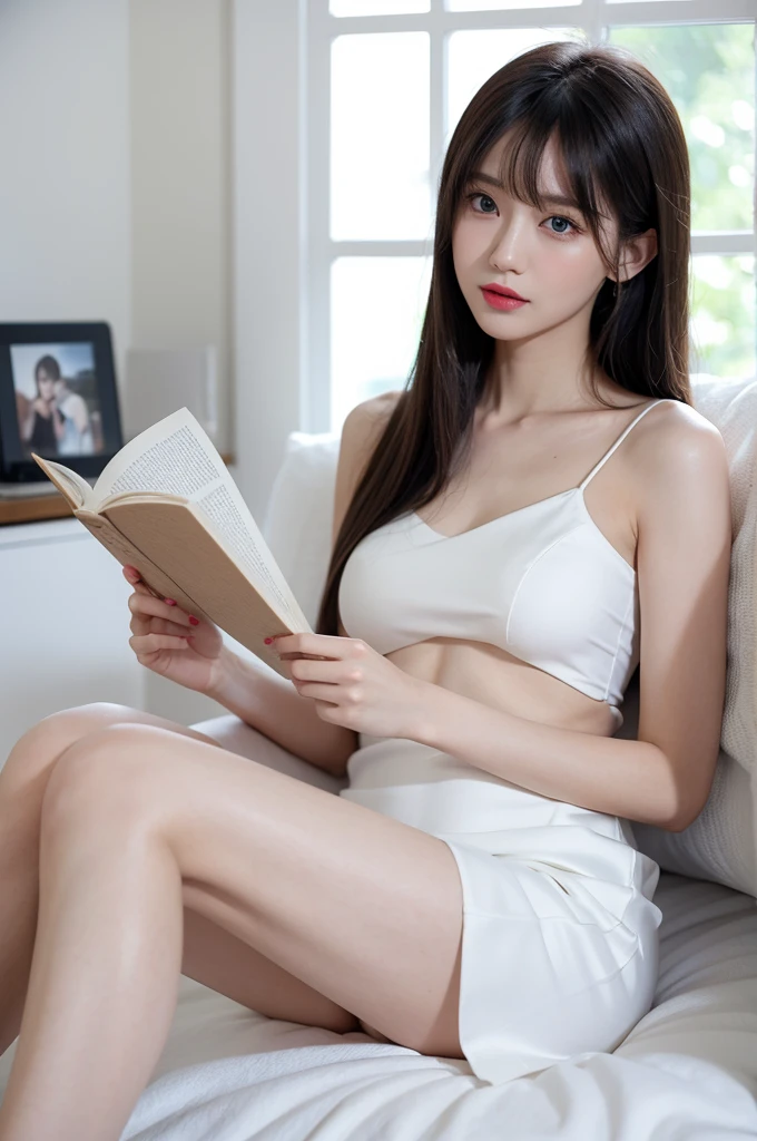 A woman,full-body shot，modern，White long hair,Has oblique bangs，性感的躺在modern沙发上,Wearing white silk,Bare shoulders，at home,Blue eyes,at home，Reading a book leisurely,Exquisite facial features,Perfect face,Clean face，Wearing bright lipstick