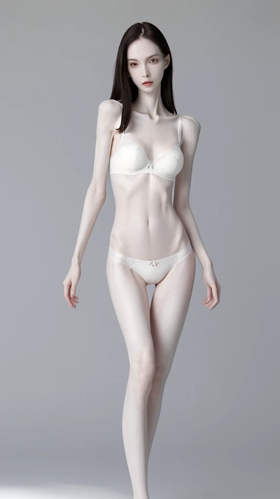 a woman, very thin body, body visible bones, very slender , sweaty weat body, pale white skin, panties, bra,tatto, full body, school background