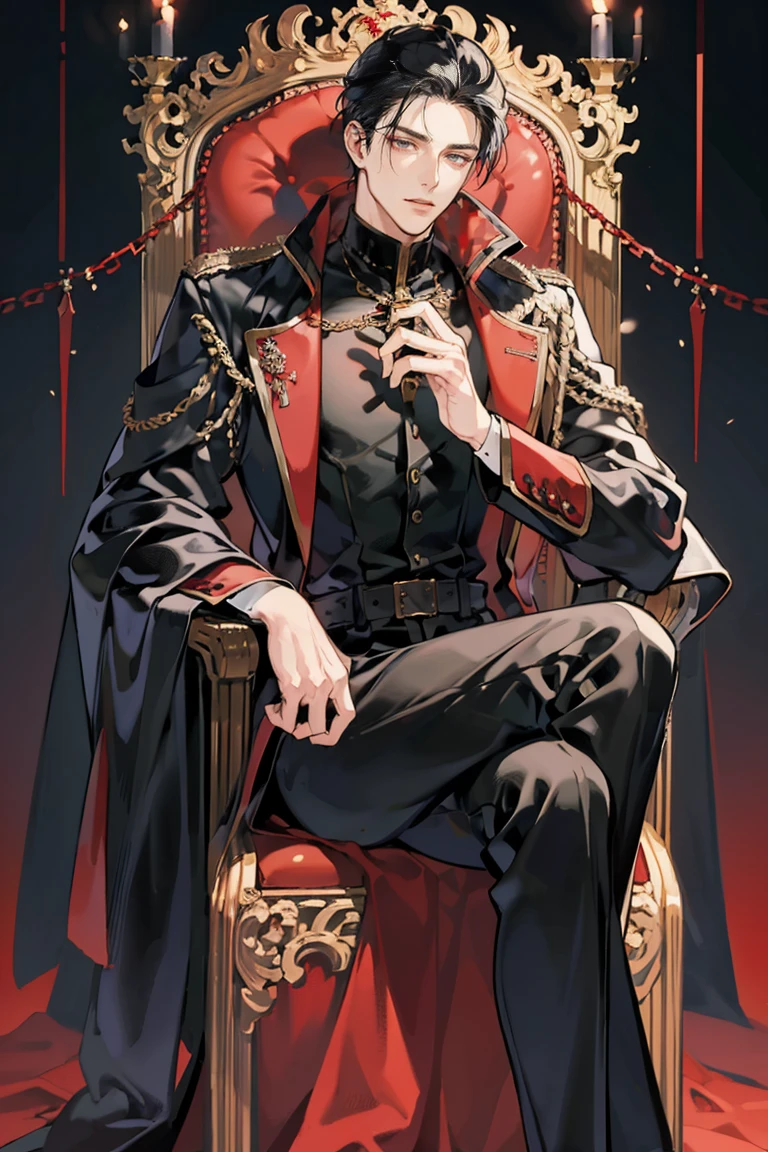 anime - (masterpiece), best quality, seductive eyes, mature face, black eyes, mid length slicked back black haircut, plain black polo, red coat, black pants, tall man, long legs, masculine, massive body, adult-like, full body, bad boy, he's sitting on a red throne with a crown on the handle of the throne