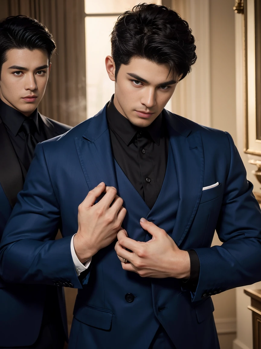 ((masterpiece)),((best quality)),8K,high detail,Very detailed, Very manly，3 men, like，fashion pose, Realistic skin texture, Light,
Royal blue style couple，Perfect hand details