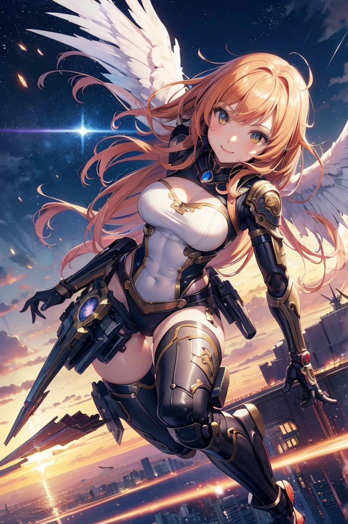 an anime girl, masterpiece, 4K,detailed, best quality, no bad ??????? and fingers, dynamic pose, Action Painting, a beautiful young cyborg girl, smile, taking off into the sky,  super detailed skin, FINAL FANTASY 12, Brave Command Dagwon, make-up, mechanical wings, the city of Monaco, Ryu Fujisaki, -bad hands
