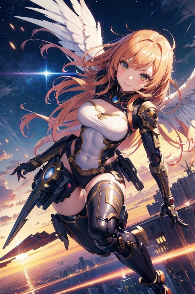 an anime girl, masterpiece, 4K,detailed, best quality, no bad anatomy and fingers, dynamic pose, Action Painting, a beautiful young cyborg girl, smile, taking off into the sky,  super detailed skin, FINAL FANTASY 12, Brave Command Dagwon, make-up, mechanical wings, the city of Monaco, Ryu Fujisaki, -bad hands