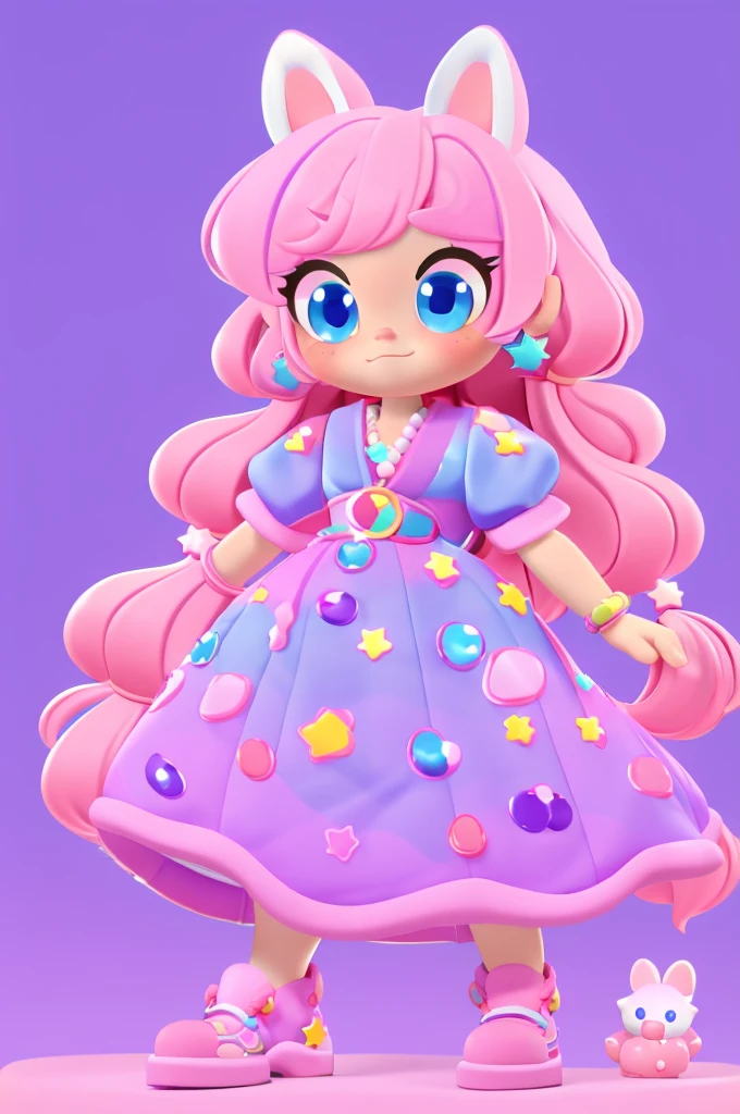 1 girl, chibi, tiny, toddler, pink hair, purple star hairclip, orange fox ears, light skin, blue eyes, sparkle in eyes, purple pacifier, wearing strawberry pattern dress, blue marry jane shoes, colorful bead bracelets, holding a stuffed fox, 