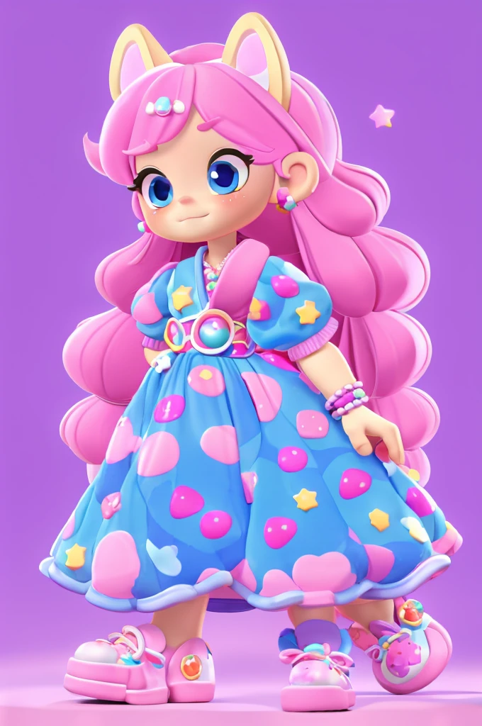 1 girl, chibi, tiny, toddler, pink hair, purple star hairclip, orange fox ears, light skin, blue eyes, sparkle in eyes, purple pacifier, wearing strawberry pattern dress, blue marry jane shoes, colorful bead bracelets, holding a stuffed fox, 