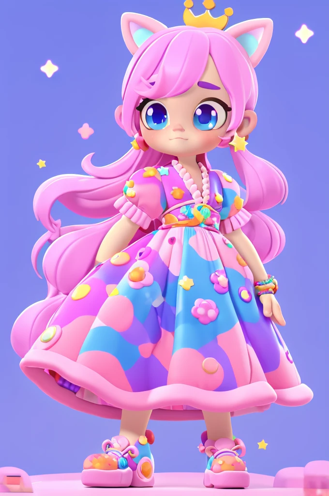 1 girl, chibi, tiny, toddler, pink hair, purple star hairclip, orange fox ears, light skin, blue eyes, sparkle in eyes, purple pacifier, wearing strawberry pattern dress, blue marry jane shoes, colorful bead bracelets, holding a stuffed fox, 