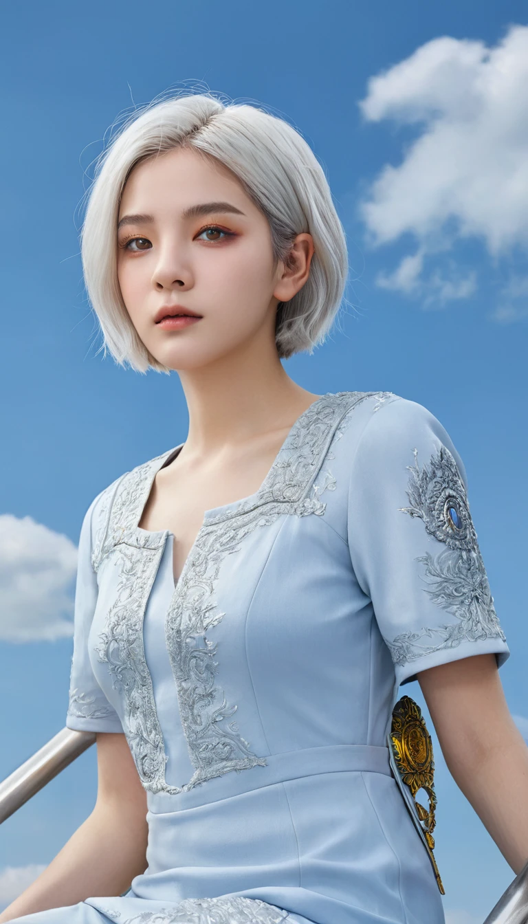 High Detail, clear, 8 gm, Throne of Fire, young people, 18 years old, Light grey hair, Short hairstyle, Yellow eyes, There is a blue sky behind, Fiery stairs leading to the sky,To the throne, realism, fantasy,