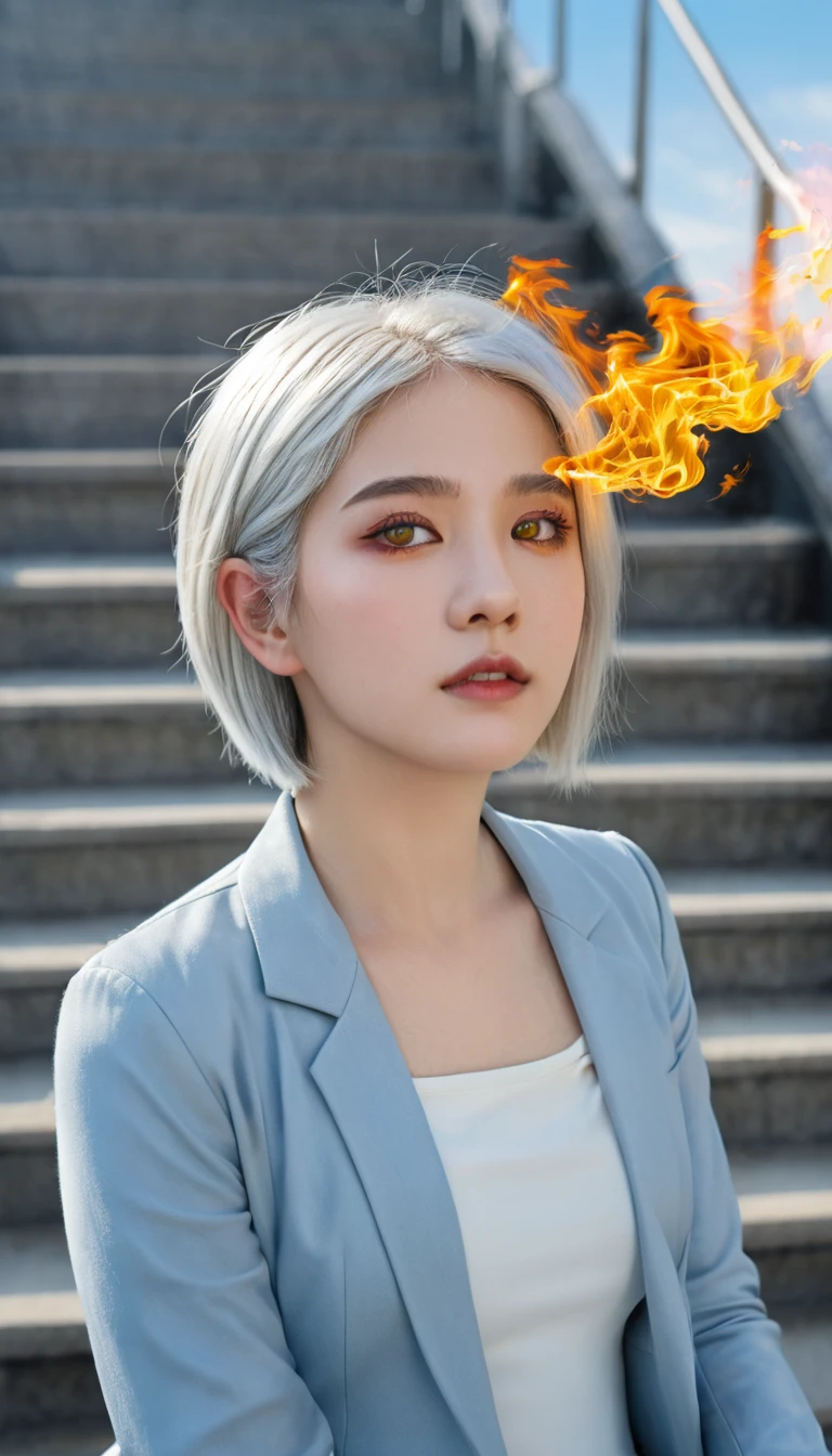 High Detail, clear, 8 gm, Throne of Fire, young people, 18 years old, Light grey hair, Short hairstyle, Yellow eyes, There is a blue sky behind, Fiery stairs leading to the sky，To the throne, realism, fantasy,
