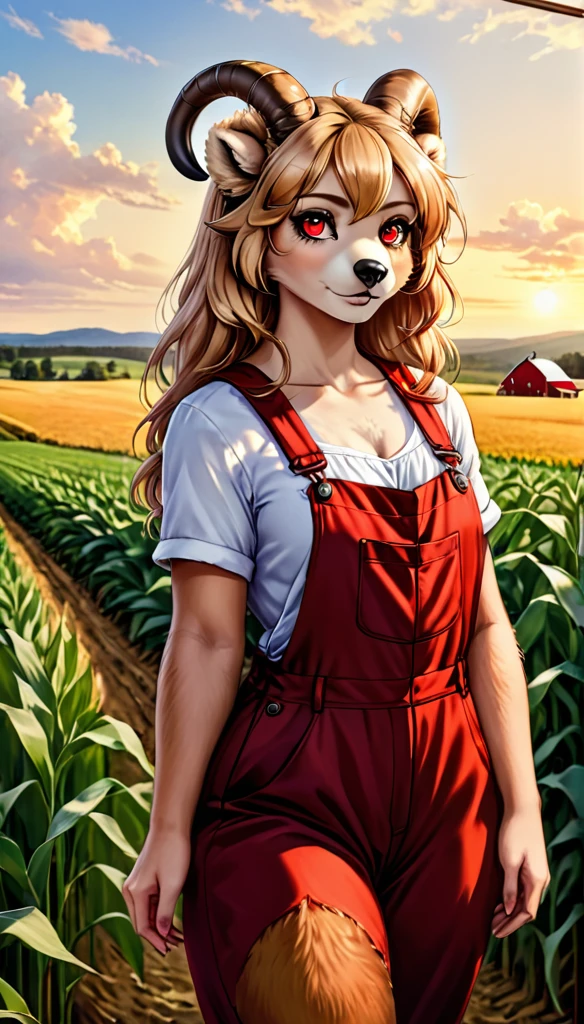 (zPDXL2),  score_9_up, painterly, faux traditional media, realistic, BREAK
1girl, solo, fullbody, (bear:1.2), (long wavy hair, bun hairstyle), glowing red eyes, (ram horns:1.2), (bear ears, bear tail), tanned skin, farmer jumpsuit, wheat farm background, BREAK
AissistXLv2, unaestheticXL_bp5, SimplePositiveXLv2, zPDXL2 PonyXLV6_Scores