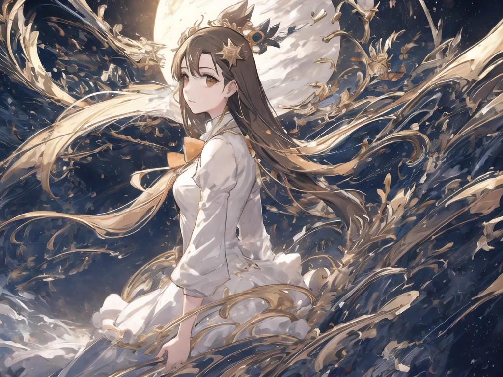(masterpiece, Highest quality:1.2), Very detailed, Soft indirect lighting, Sharp focus, 4K, Break 1 Girl, , alone, jasmine \(Pokemon\), Princess Dress, White jacket, Round orange ribbon, Brown eyes,The sky is filled with a fantastic moon and clouds., Movie Background, ether, beautiful, Movie Scenes, Cinematic Light, Light effects, Enlarge landscape photo, wallpaper