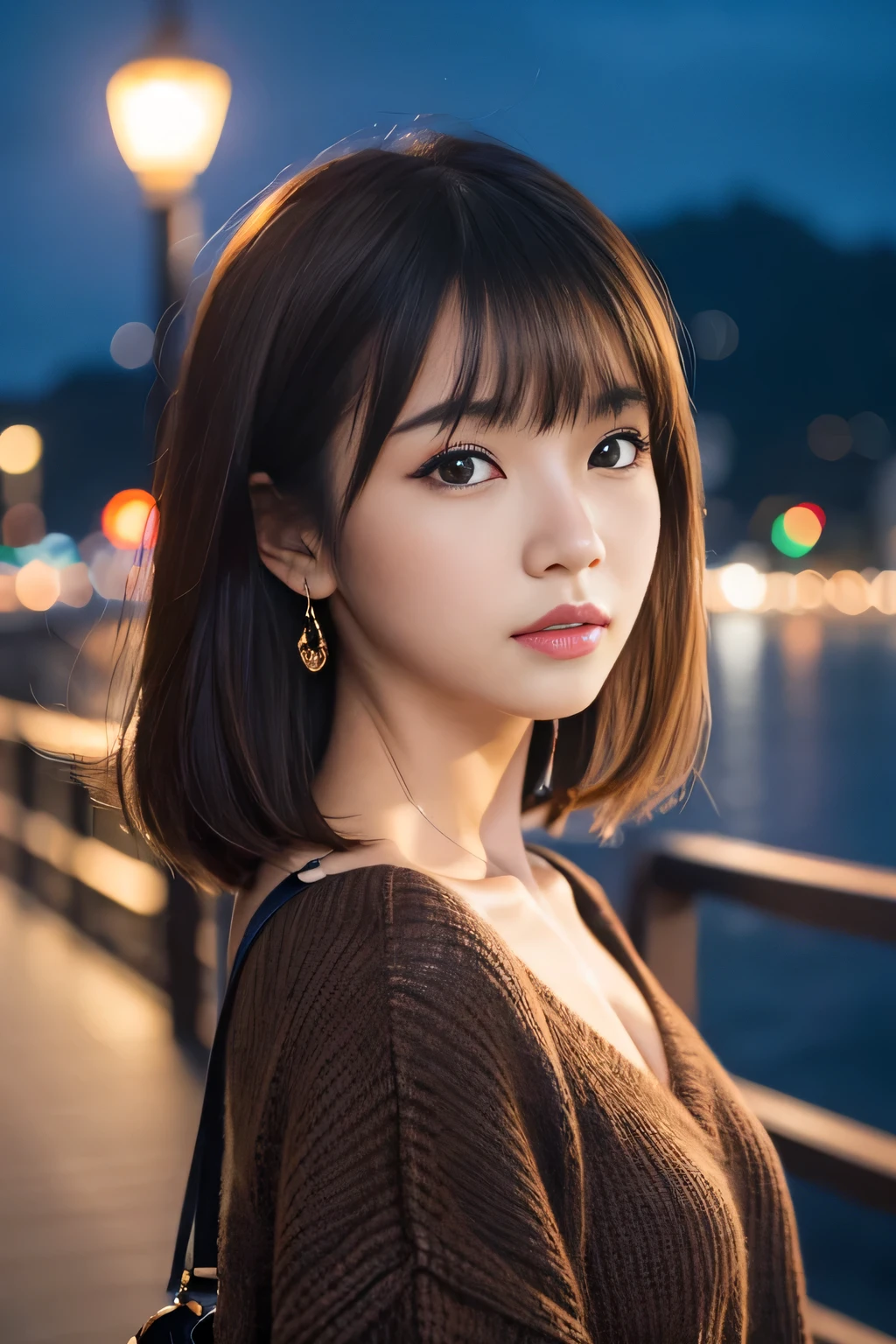 (detailed skin:1.2),(shiny skin:1.1),8k,best quality, masterpiece, ultra high res,(photorealistic:1.4), RAW photo,(soft saturation:1.3),(fair skin:1.2), 1 Japanese idol, makeup,(lipstick),(eyeliner), Brown eyes, (Looking at Viewer), 19 years old, Detailed Face, Perfect Female Body, Medium hair, Messy hair, asymmetrical bangs, Light brown hair, Very detailed face, (depth of field), (V-neck sweater), bridge, building, city, city lights, colorful, night,  ocean, outdoors, scenery, sky, water, bridge, island, 
masterpiece, best quality, moody lighting, blue hour,  