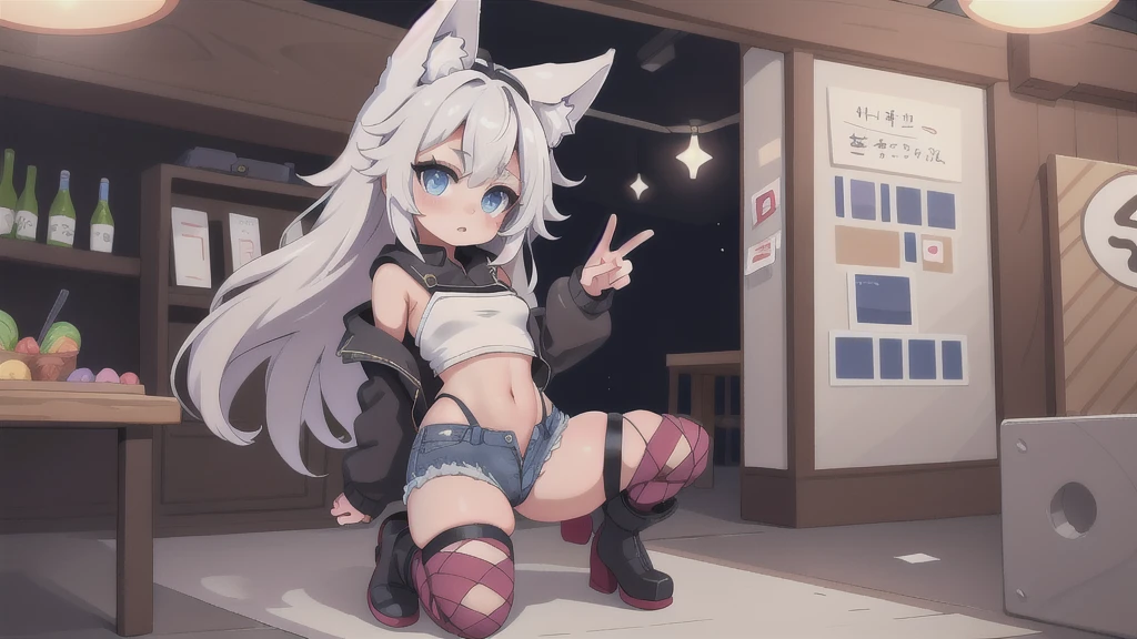 Single boy, Anime Femboy, Short, Long white hair, wolf ears, wolf tail, blue eyes, wearing short denim shorts, thigh high fishnets, black combat boots, wearing fur lined open jacket, flat chest, super flat chest, wearing cropped t-shirt, solo femboy, only one femboy ((FLAT CHEST)) solo, alone, (SOLO)(ALONE) thicc thighs, wide hips, blue eyes, perfect eyes, perfect face, pouty lips, happy
