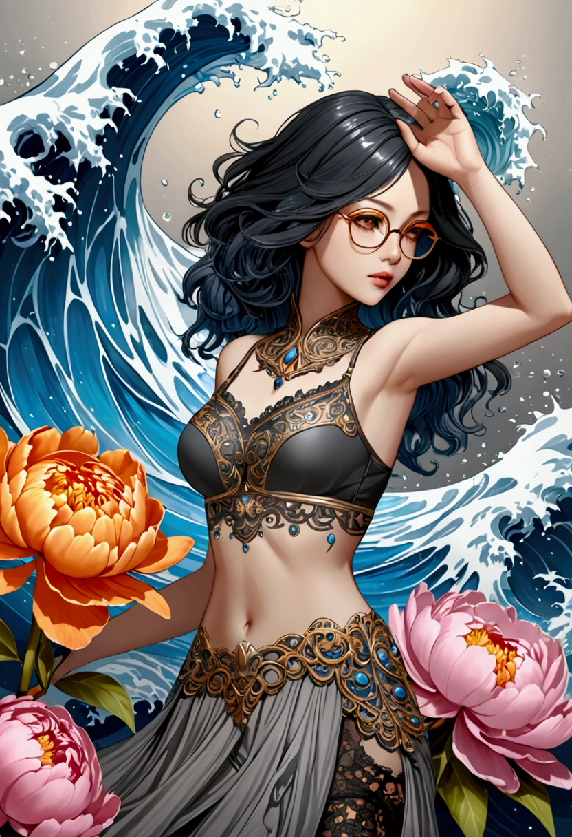 Ink Art, Paint splatter style, Liquid glow made of colors, (Grey cropped top, Black lingerie, Short clothes), (Black long hair), (20 years), (1 girl), with fringes,Fashion glasses,Gradient background, Pastel color palette, pink blue, silver, Red, orange, light, Gray Gold, Peony, Filigree, Colored water droplets, wave, Extremely detailed and complex, Unreal Engine, fantastic, Intricate details, Startup Screen, Complementary colors, fantasy, Concept Art, 8k resolution, masterpiece, painting, Heavy Attack, fantasy art, Concept Art, Intricate PoSe,