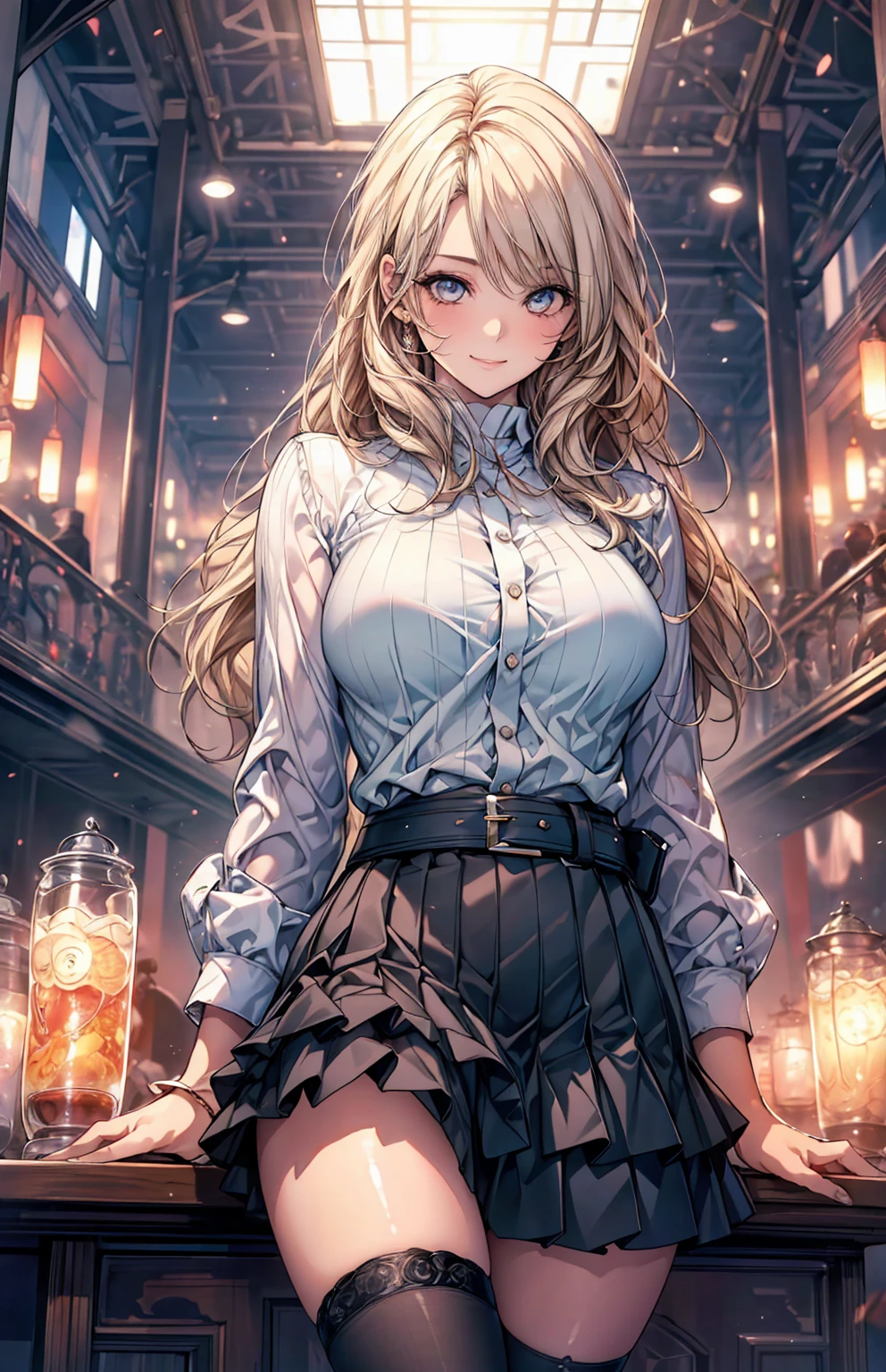 (masterpiece:1.2, Highest quality), (Realistic, photoRealistic:1.4), Beautiful illustrations, (Natural Side Lighting, Cinema Lighting), Looking at the audience, Upper Body, (Front view), 1 Girl, Perfect Face, Symmetrical cute face, Shiny skin, , Long eyelashes, (Large Breasts), (Wide Hips),Beautiful Hair, Beautiful Face, Beautiful and beautiful eyes, Beautiful body, Beautiful breasts, Beautiful thighs, Beautiful legs, Beautiful fingers,(Beautiful views),(Cute Smile:1.2, Superior),Knee socks,Layered skirt,(Belted:1.2),
