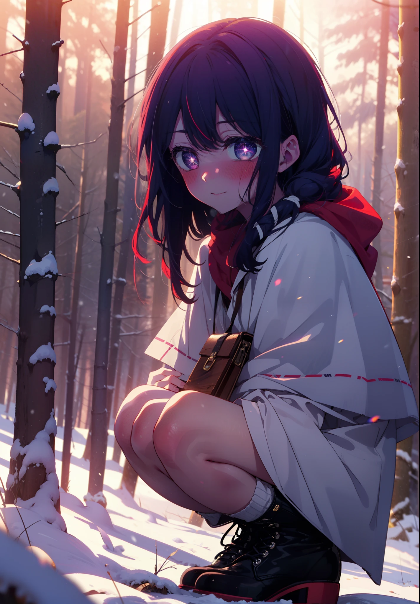 aihoshino, Ai Hoshino, Long Hair, bangs, (Purple eyes:1.1), Purple Hair, (Symbol-shaped pupil:1.5), smile,,smile,blush,White Breath,
Open your mouth,snow,Ground bonfire, Outdoor, boots, snowing, From the side, wood, suitcase, Cape, Blurred, , forest, White handbag, nature, Squat, Mouth closed, Cape, winter, Written boundary depth, Black shoes, red Cape break looking at viewer, Upper Body, whole body, break Outdoor, forest, nature, break (masterpiece:1.2), Highest quality, High resolution, unity 8k wallpaper, (shape:0.8), (Beautiful and beautiful eyes:1.6), Highly detailed face, Perfect lighting, Extremely detailed CG, (Perfect hands, Perfect Anatomy),