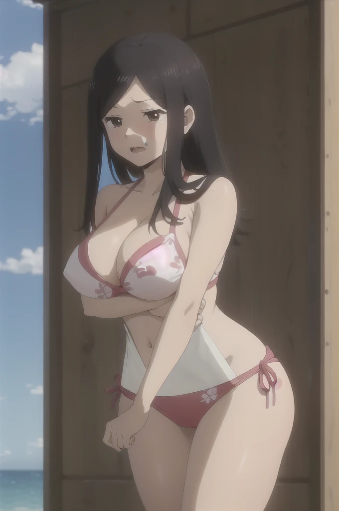 best quality, (masterpiece:1.2), detailed, perfect face, beautiful face, Touko, 1girl, mole under eye, mole, solo, black hair, beach, open mouth, sidelocks, white shirt, breasts, large breasts, long hair, medium hair, bikini, hot, dynamic pose, embarrassed expression, shy expression, closed mouth, hiding her breast, touching her breast, shy, closed mouth, hot, big thighs, big breast, dynamic pose, she is stripping, she is showing her breast, she is grabbing her breast, she is touching her breast