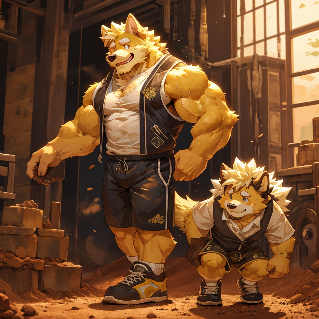 Often wear vest shorts,A pair of large Jiefang shoes on my feet。The body often smells of dirt and sweat,Burly and athletic,muscular。Fluffy hair,It looks like a typical big yellow dog.,Thick eyes,Always grinning。