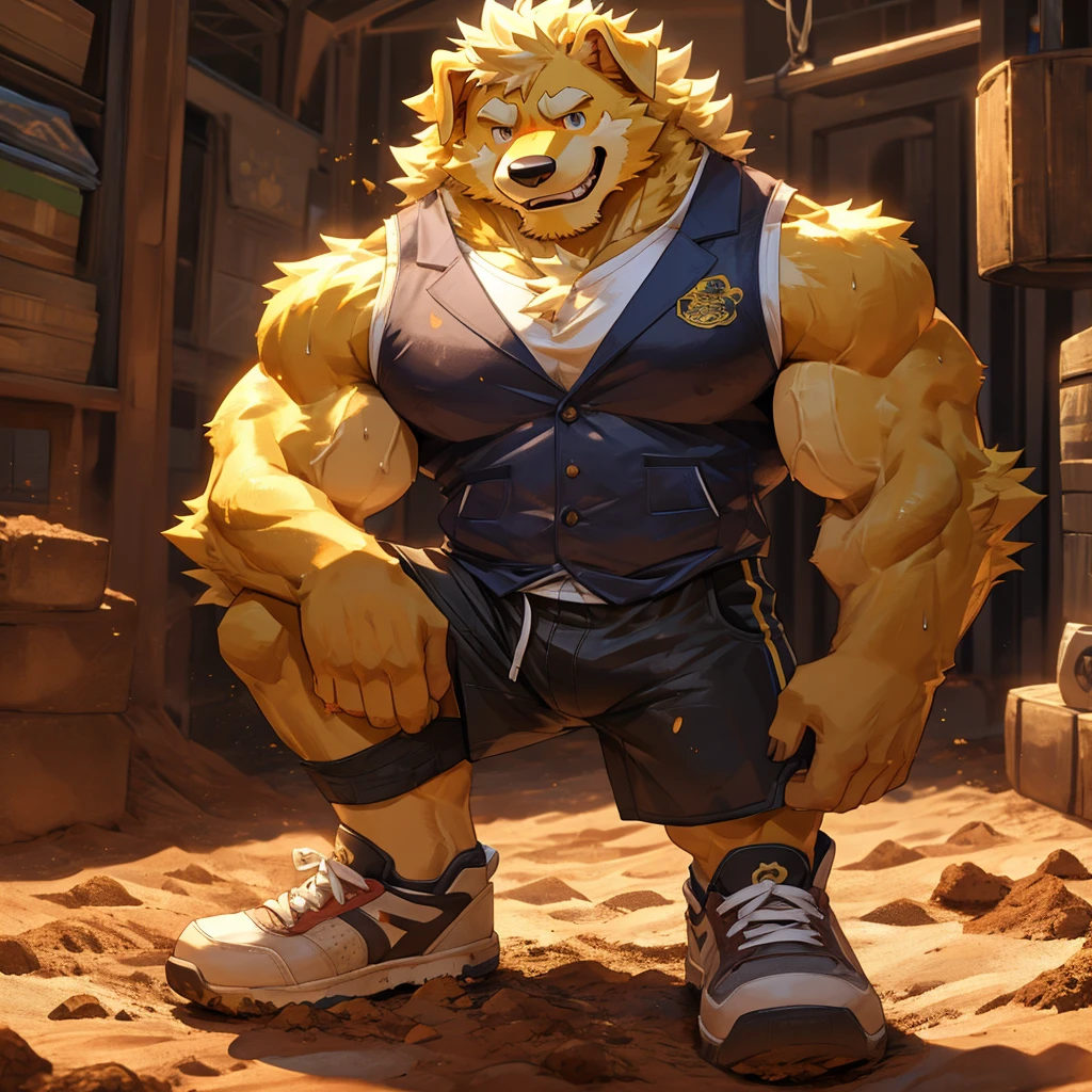 Often wear vest shorts,A pair of large Jiefang shoes on my feet。The body often smells of dirt and sweat,Burly and athletic,muscular。Fluffy hair,It looks like a typical big yellow dog.,Thick eyes,Always grinning。