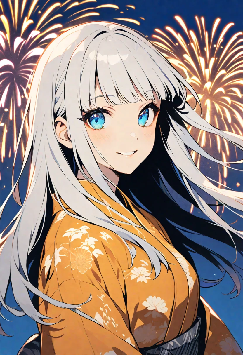 solo,handsome, monotone,
1. Female,
,Straight Hair,long Hair,, silver hair, 
Kazuka Nakano ,
Light blue eyes,Soft look,
beautiful,Lolita,Darkness, Russian,
smile,skin, Blue sky, neat and tidy,
orange yellow yukata (a Japanese yukata),
simple background ,
FIREWORKS background,