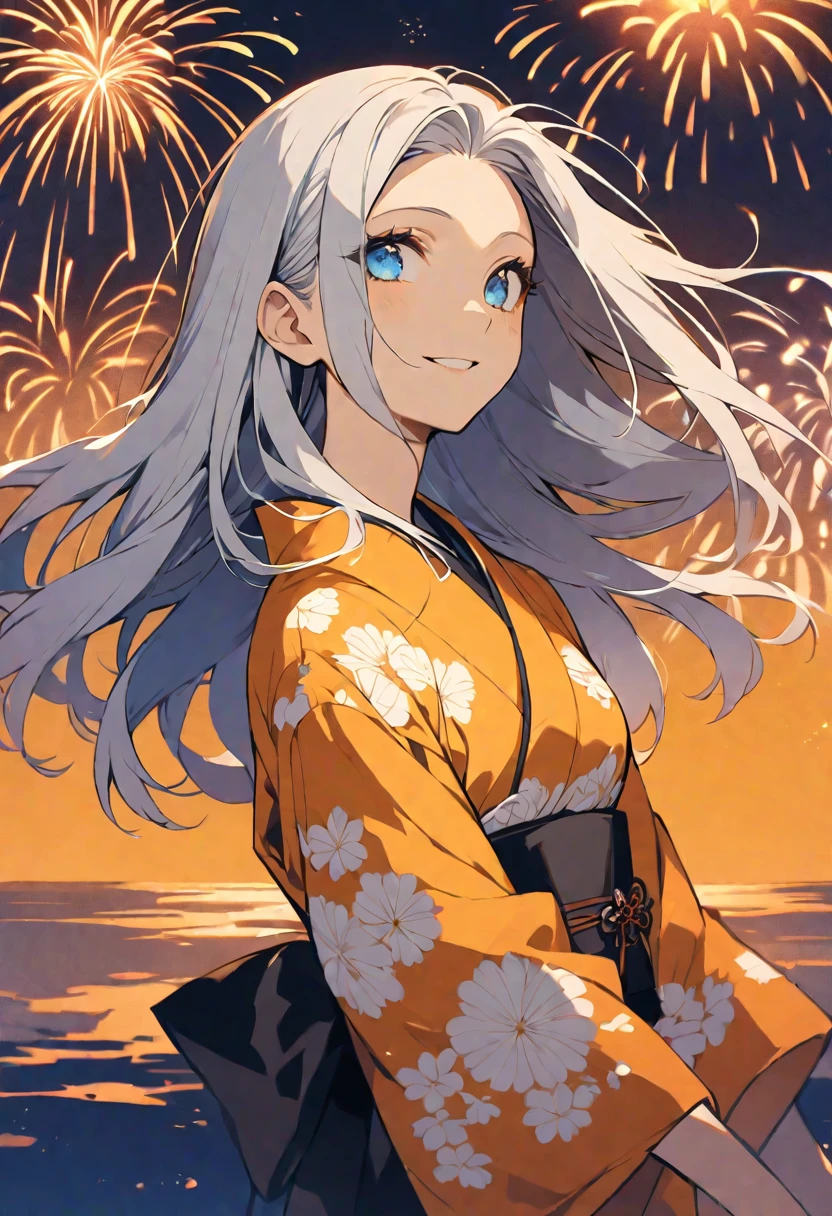 solo,handsome, monotone,
1. Female,
,Straight Hair,long Hair,, silver hair,
Kazuka Nakano ,
Light blue eyes,Soft look,
beautiful,ta,Darkness, Russian,
smile,skin, Blue sky, neat and tidy,
orange yellow yukata (a Japanese yukata),
simple background ,
FIREWORKS background,
