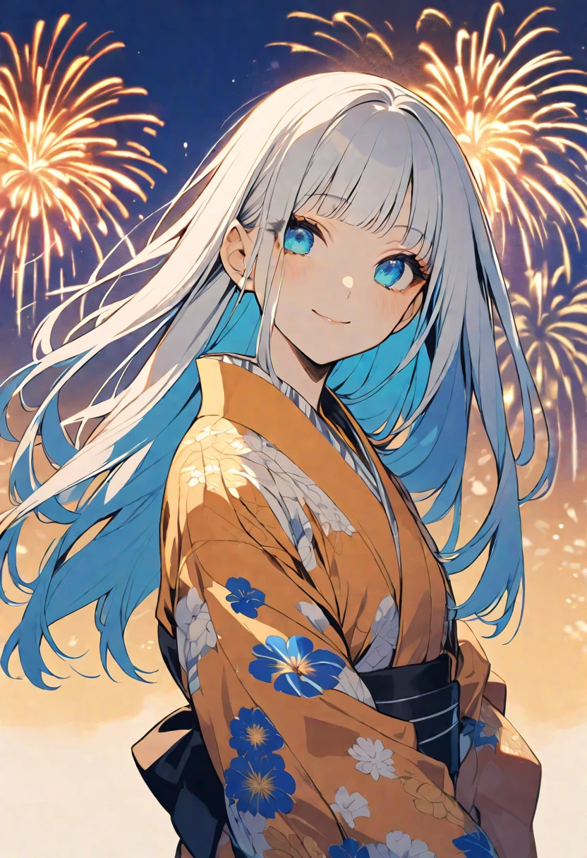 solo,handsome, monotone,
1. Female,
,Straight Hair,long Hair,, silver hair,
Kazuka Nakano ,
Light blue eyes,Soft look,
beautiful,Lolita,Darkness, Russian,
smile,skin, Blue sky, neat and tidy,
orange yellow yukata (a Japanese yukata),
simple background ,
FIREWORKS background,