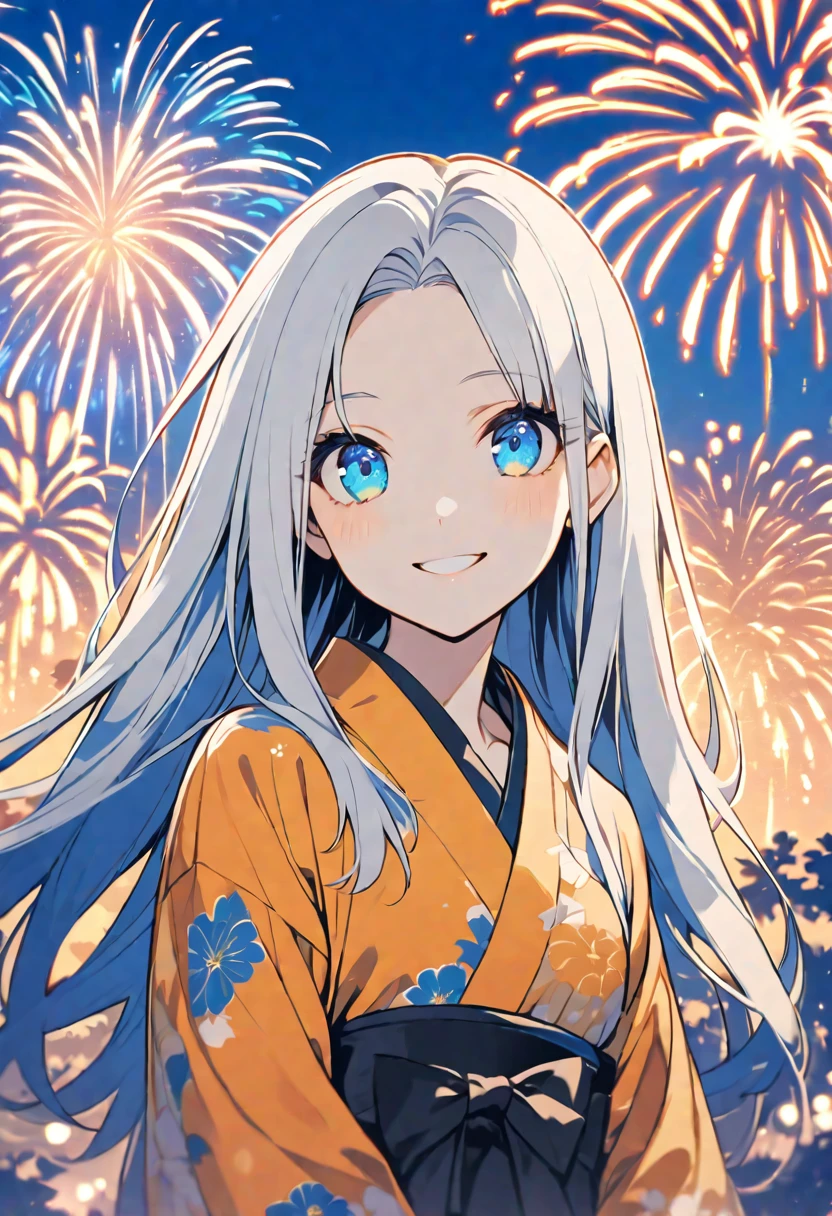 solo,handsome, monotone,
1. Female,
,Straight Hair,long Hair,, silver hair, 
Kazuka Nakano ,
Light blue eyes,Soft look,
beautiful,ta,Darkness, Russian,
smile,skin, Blue sky, neat and tidy,
orange yellow yukata (a Japanese yukata),
simple background ,
FIREWORKS background,