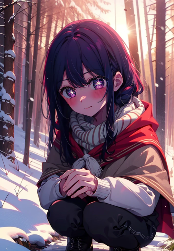 aihoshino, Ai Hoshino, Long Hair, bangs, (Purple eyes:1.1), Purple Hair, (Symbol-shaped pupil:1.5), smile,,smile,blush,White Breath,
Open your mouth,snow,Ground bonfire, Outdoor, boots, snowing, From the side, wood, suitcase, Cape, Blurred, , forest, White handbag, nature,  Squat, Mouth closed, Cape, winter, Written boundary depth, Black shoes, red Cape break looking at viewer, Upper Body, whole body, break Outdoor, forest, nature, break (masterpiece:1.2), Highest quality, High resolution, unity 8k wallpaper, (shape:0.8), (Beautiful and beautiful eyes:1.6), Highly detailed face, Perfect lighting, Extremely detailed CG, (Perfect hands, Perfect Anatomy),