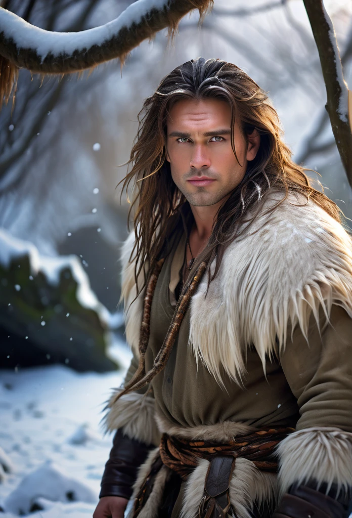 A masculine, Bulky Male, in a snowy Climate, long And Tangled hair, hazel eyes, Wears animal Hides only, Primal Setting, Jungle ruins Back ground, HD, Ultra Scenery, Vivid lighting.