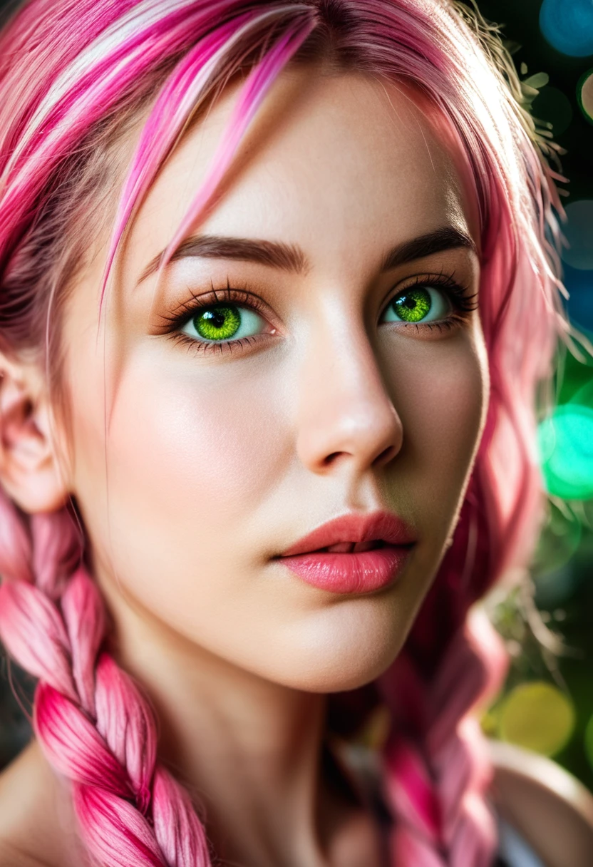 photo, rule of thirds, dramatic lighting,
face closeup,
dynamic pose, dynamic angle,
Girl, 19years old, (very long streaked green/pink hair:1.3) dynamic hairstyle {braids,} intricate background , realism, realistic, raw, analog, photorealistic in bokeh, M.ia,