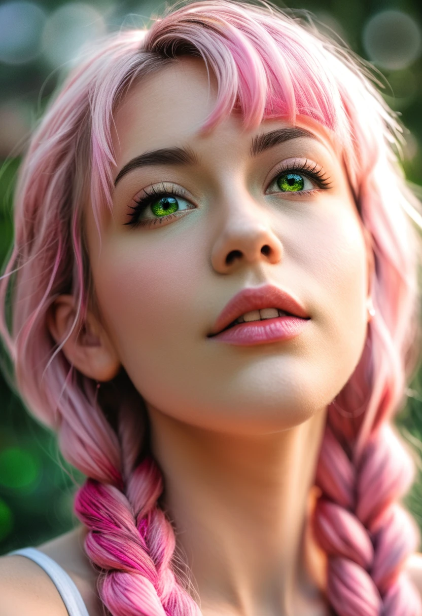 photo, rule of thirds, dramatic lighting,
face closeup,
dynamic pose, dynamic angle,
Girl, 19years old, (very long streaked green/pink hair:1.3) dynamic hairstyle {braids,} intricate background , realism, realistic, raw, analog, photorealistic in bokeh, M.ia,