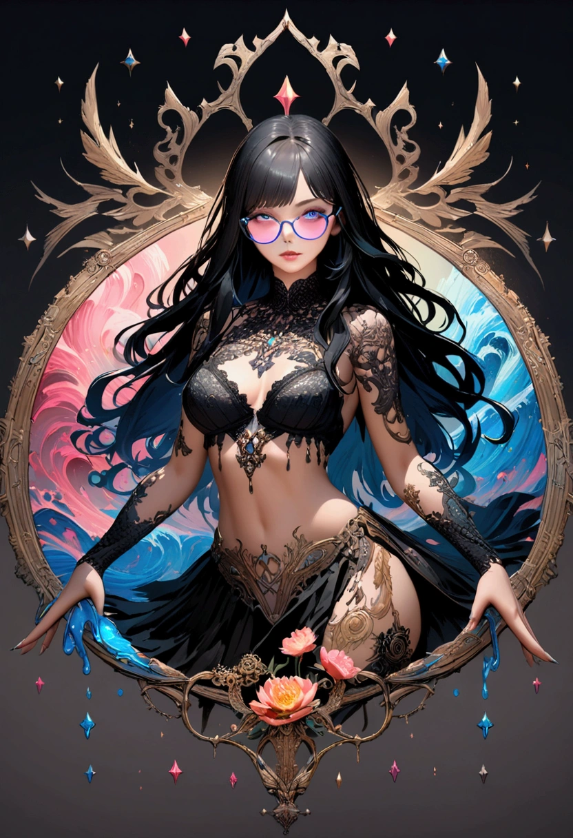 Ink Art, Paint splatter style, Liquid glow made of colors, (Grey cropped top, Black lingerie, Short clothes), (Black long hair), (20 years), (1 girl), Fashion glasses with tassels,Gradient background, Pastel color palette, pink blue, silver, Red, orange, light, Gray Gold, Peony, Filigree, Colored water droplets, Colored waves, Extremely detailed and complex, Unreal Engine, fantastic, Intricate details, Startup Screen, Complementary colors, fantasy, Concept Art, 8k resolution, masterpiece, painting, Heavy Attack, fantasy art, Concept Art, Intricate PoSe,