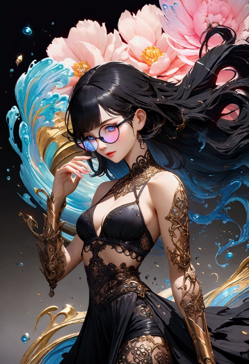 Ink Art, Paint splatter style, Liquid glow made of colors, (Grey cropped top, Black lingerie, Short clothes), (Black long hair), (20 years), (1 girl), with fringes,Fashion glasses,Gradient background, Pastel color palette, pink blue, silver, Red, orange, light, Gray Gold, Peony, Filigree, Colored water droplets, wave, Extremely detailed and complex, Unreal Engine, fantastic, Intricate details, Startup Screen, Complementary colors, fantasy, Concept Art, 8k resolution, masterpiece, painting, Heavy Attack, fantasy art, Concept Art, Intricate PoSe,